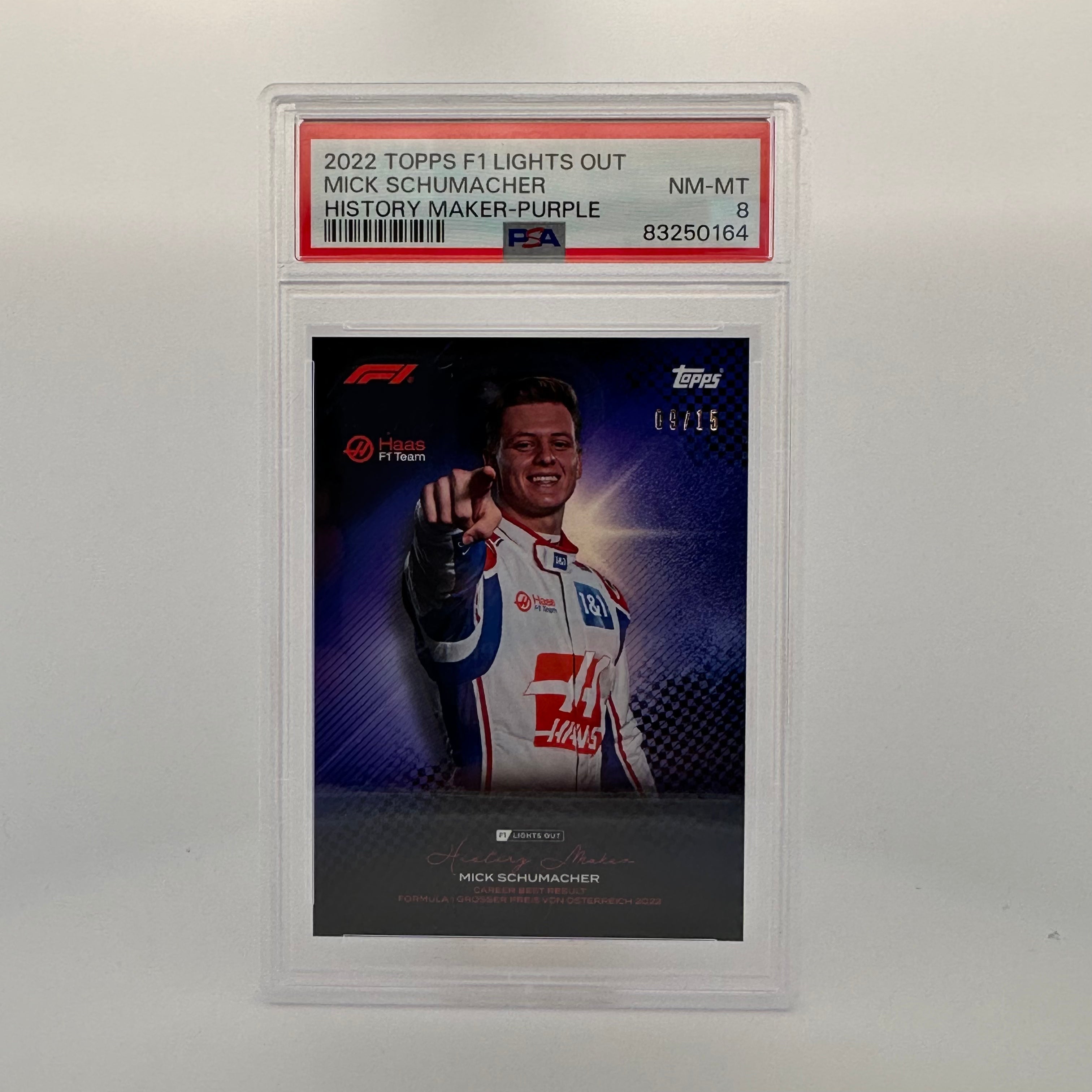PSA 8 Graded Mick Schumacher 9/15 History Maker Purple - Rare F1 Racing Collectible Card for Display & Investment