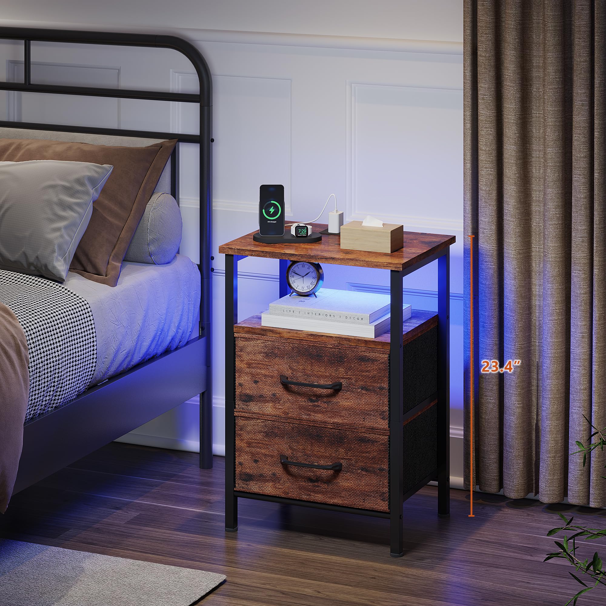 2-Piece Nightstand Set with USB Charging Station & LED Lights - Rustic Brown Bedside Tables with 2 Fabric Drawers & Open Shelf - Perfect for Bedroom, Living Room, or Dorm Organization & Storage