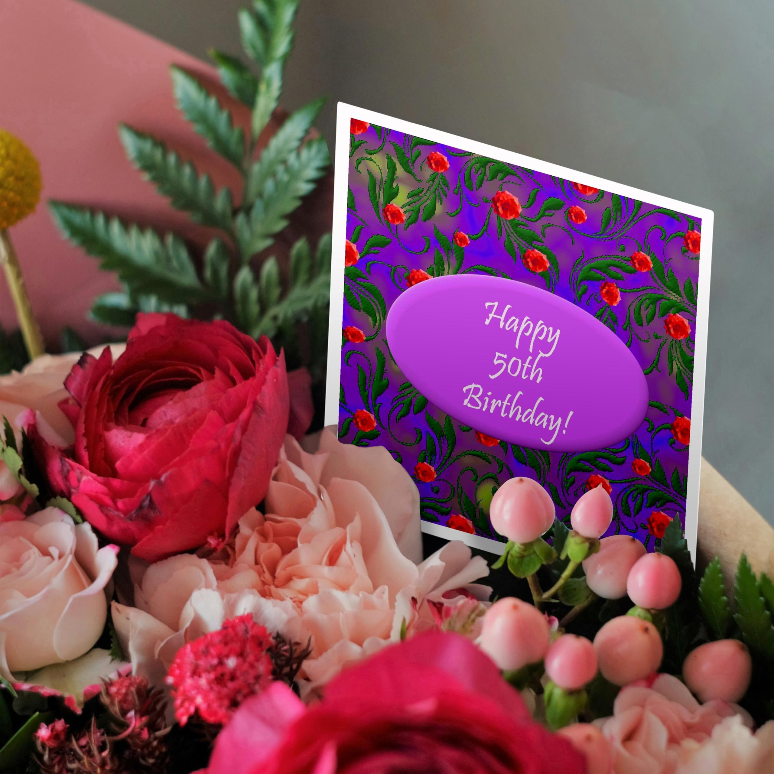 3D Rose Wild Purple 50th Birthday Greeting Cards - Set of 6 Elegant 6x6 Inch Blank Note Cards for Milestone Celebrations, Anniversaries & Special Occasions