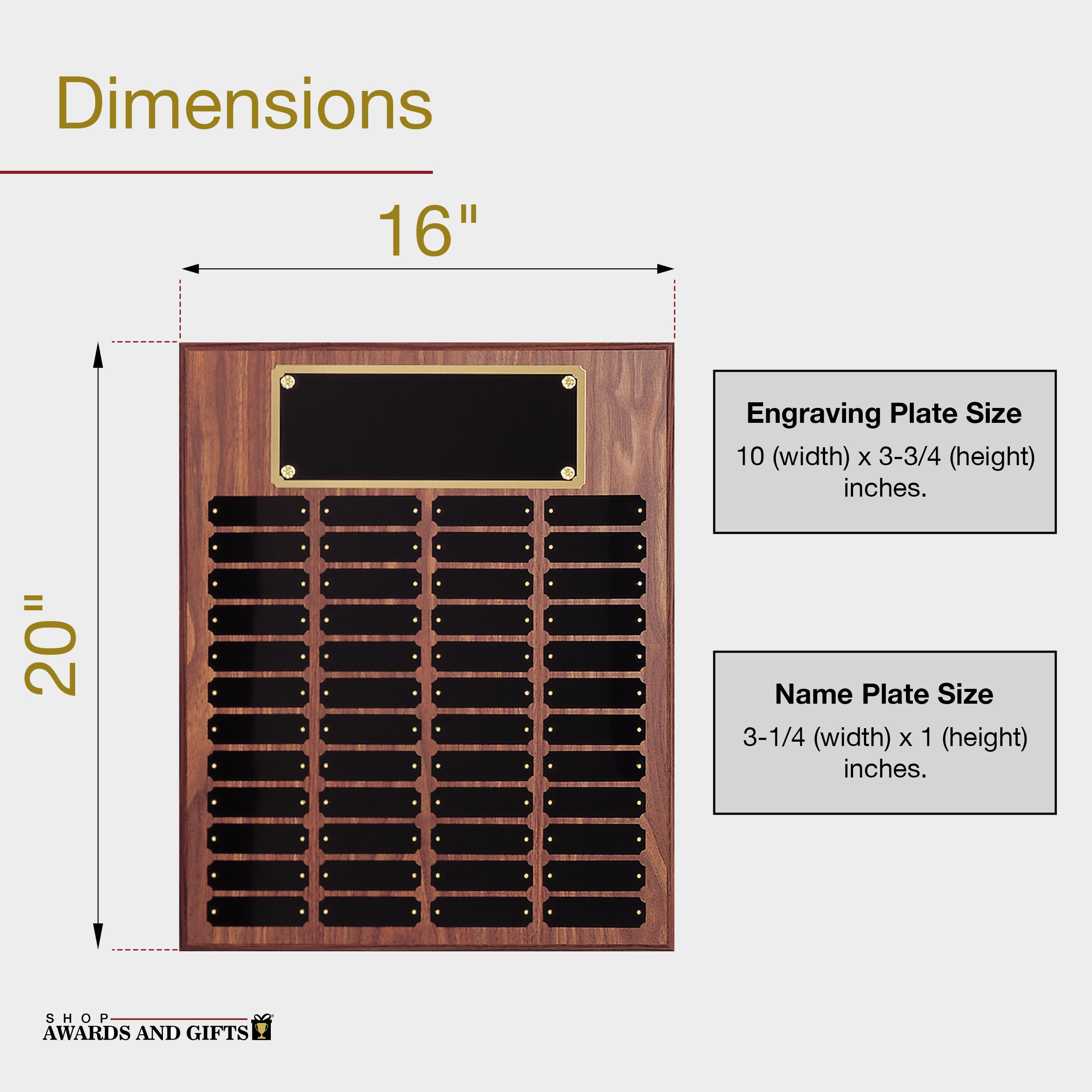 16 x 20 Inch Walnut Perpetual Plaque Award Board - Employee Recognition & Achievement Award with Gold Header - 48 Name Plates for Office Appreciation, Corporate Gifts, and Milestone Celebrations