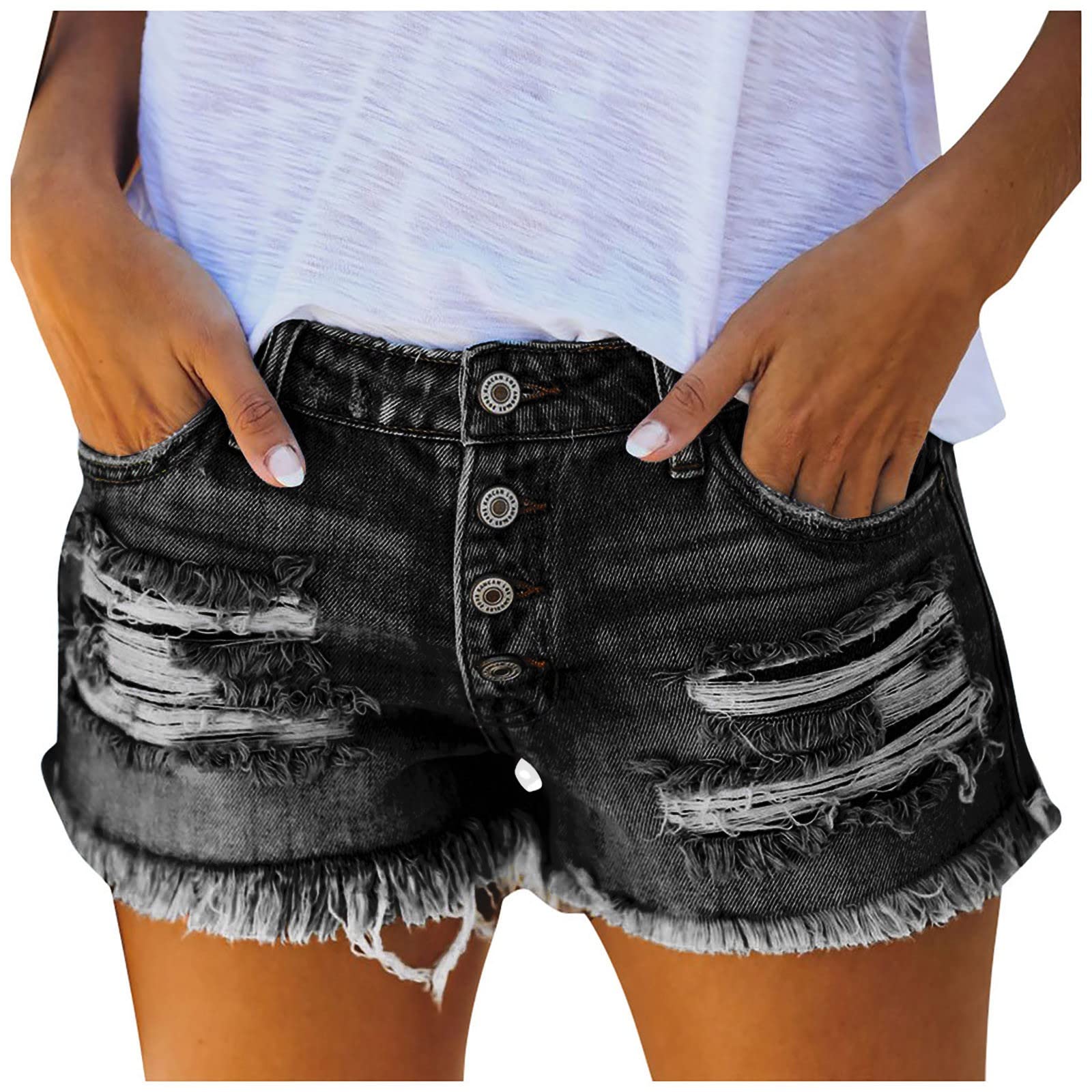 Women's High Waisted Stretchy Ripped Denim Shorts - Summer Hot Pants with Pockets for Casual Outings