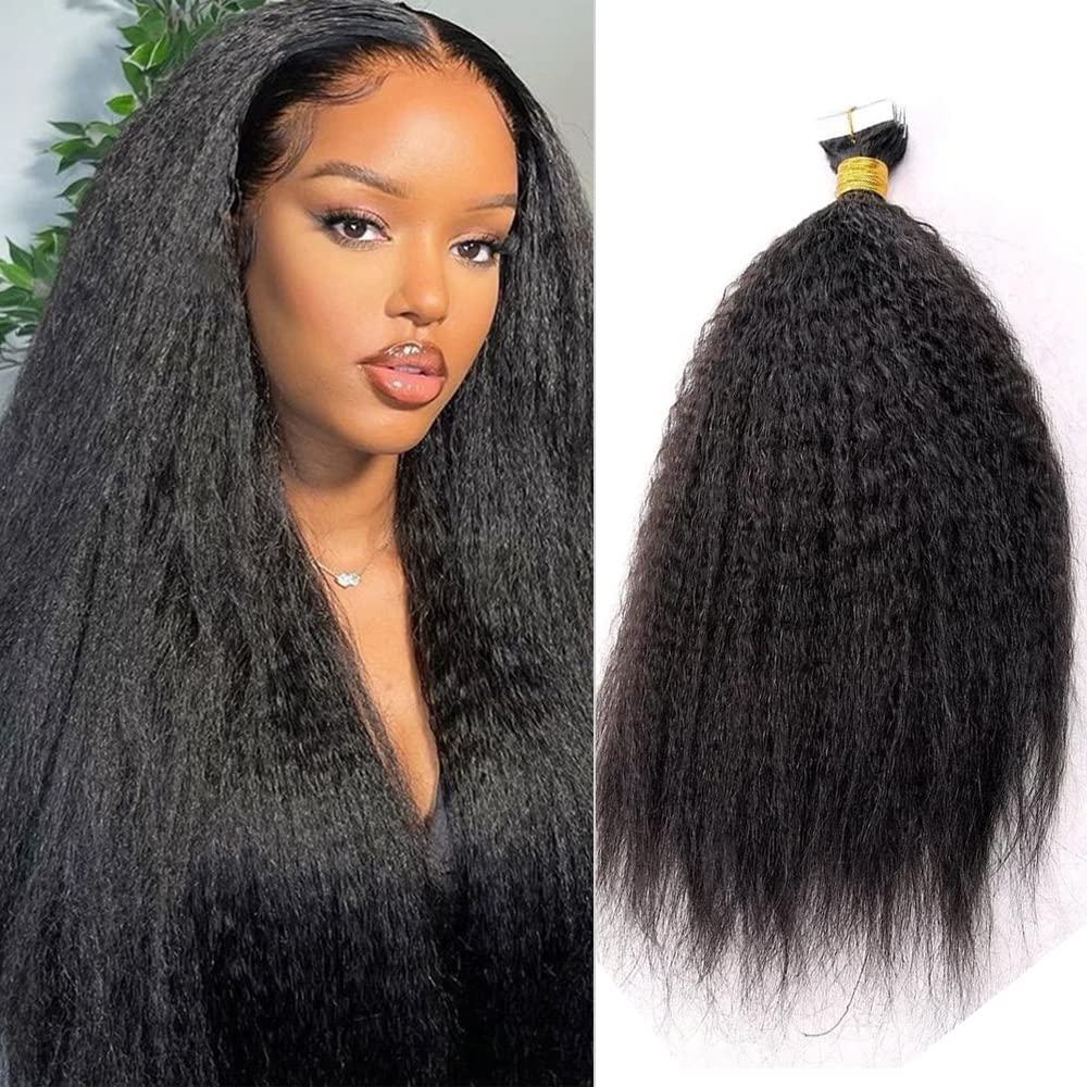Kinky Straight Tape In Hair Extensions 100% Human Hair - 200g/Bundle, 80Pcs Seamless Tape Ins for Black Women - Remy Hair 16 Inch - Perfect for Braids, Weaves & Everyday Styling