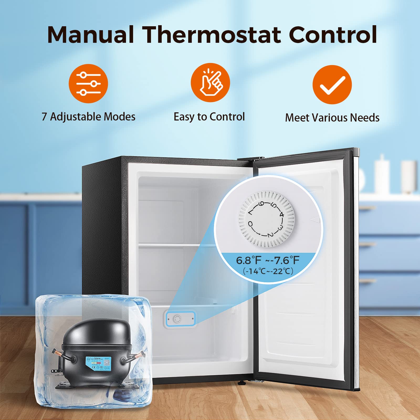 Kismile 3.0 Cu.ft Upright Mini Freezer - Adjustable Thermostat, Removable Shelves, Reversible Door - Compact Stand Up Freezer for Home, Dorm, Apartment, Bedroom (Stainless Steel) | Perfect for Storing Frozen Foods, Ice Cream, Meal Prep & Beverages