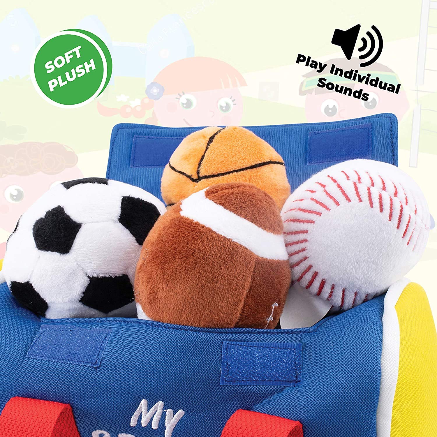 **Etna My Sports Bag - Soft Plush Toy Play Set for Toddlers, Sensory Toys with Sound & Cheer Effects - Includes Plush Basketball, Baseball, Soccer Ball & Football - Perfect for Playtime, Learning & Gift Giving**