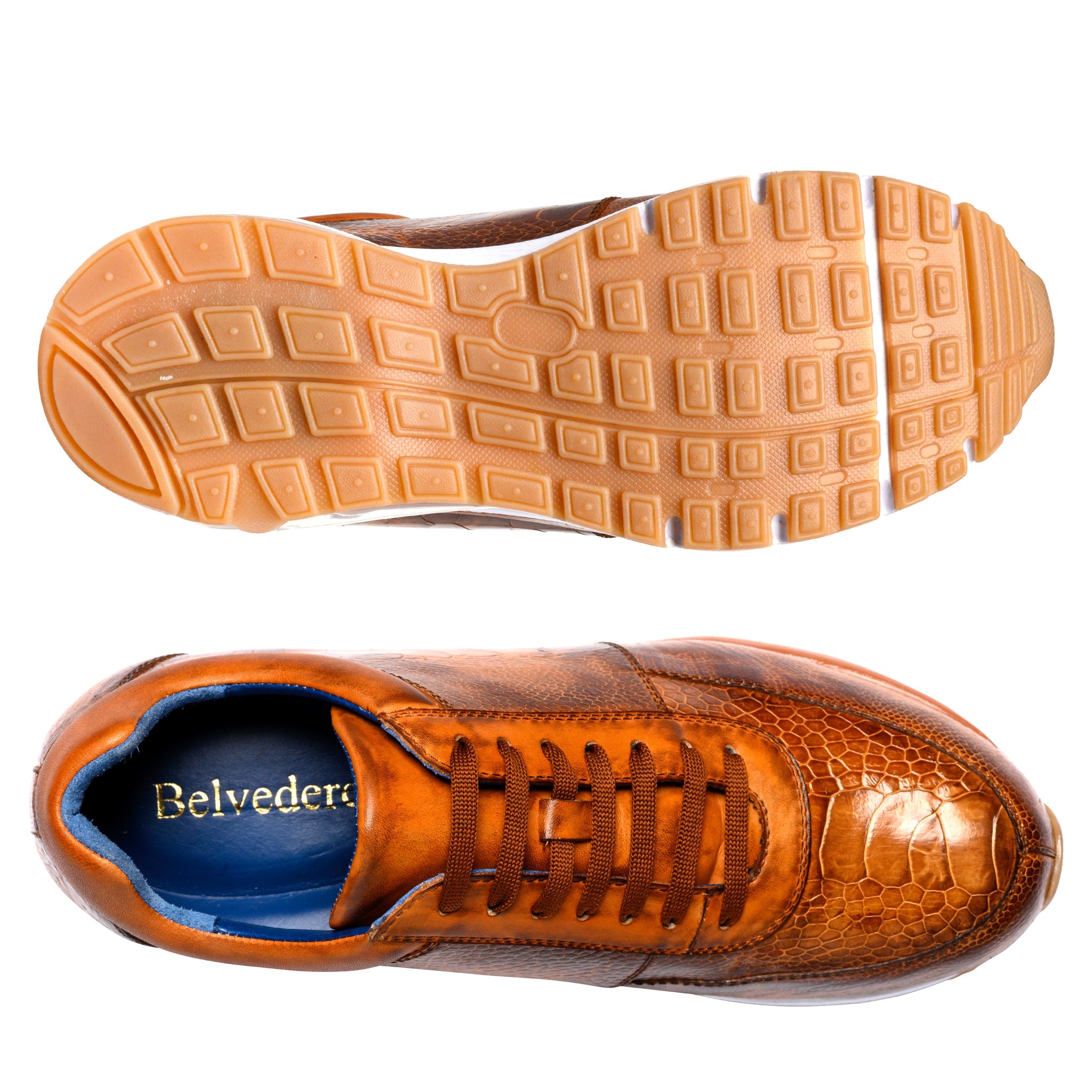 Belvedere Todd Genuine Ostrich Leather Sneakers in Antique Brandy - E02 | Premium Men's Casual Shoes for Business & Social Events
