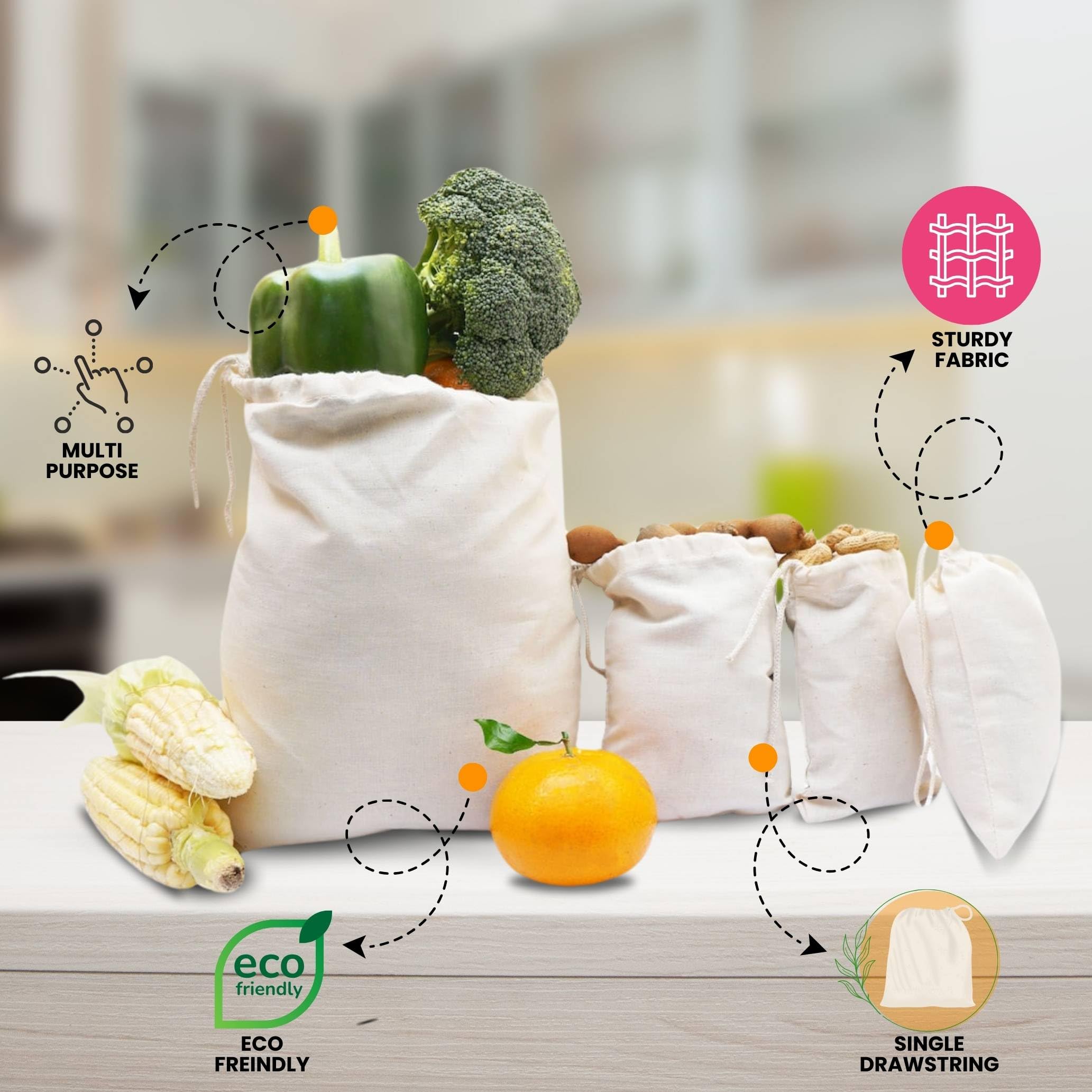 12-Pack 18x20 Inch Reusable Muslin Drawstring Bags - Washable Cotton Spice & Produce Storage Bags for Kitchen, Grocery Shopping, and Bulk Food Organization - Eco-Friendly Cloth Sachet Bags for Herbs, Tea, and Snacks