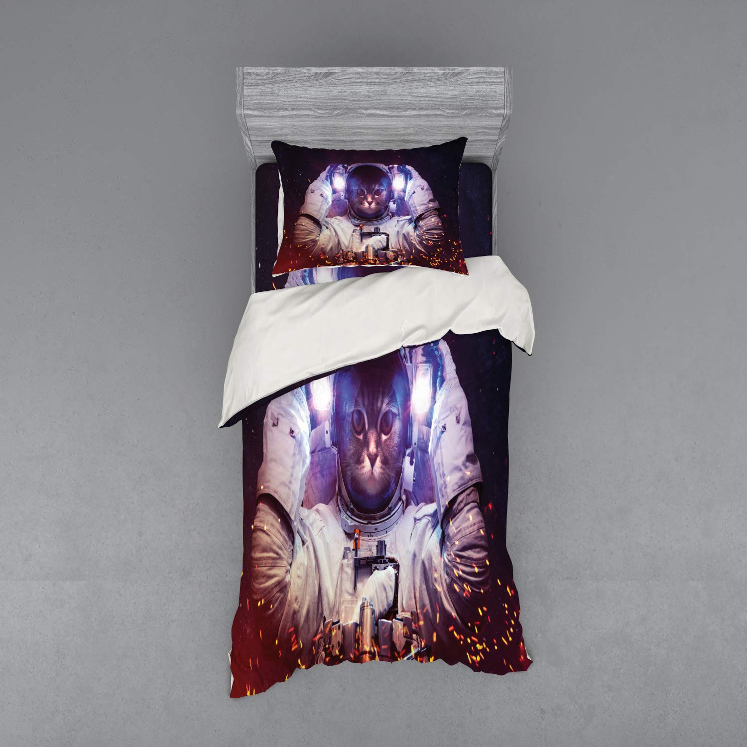 Ambesonne Space Cat Bedding Set - Astronaut Cat in Suit Outer Space Nebula Galaxy Cosmos Print 3-Piece Duvet Cover Set with Pillow Sham & Fitted Sheet, Twin Size, Dark Blue Purple - Perfect for Kids Room, Space Themed Bedroom & Sci-Fi Decor