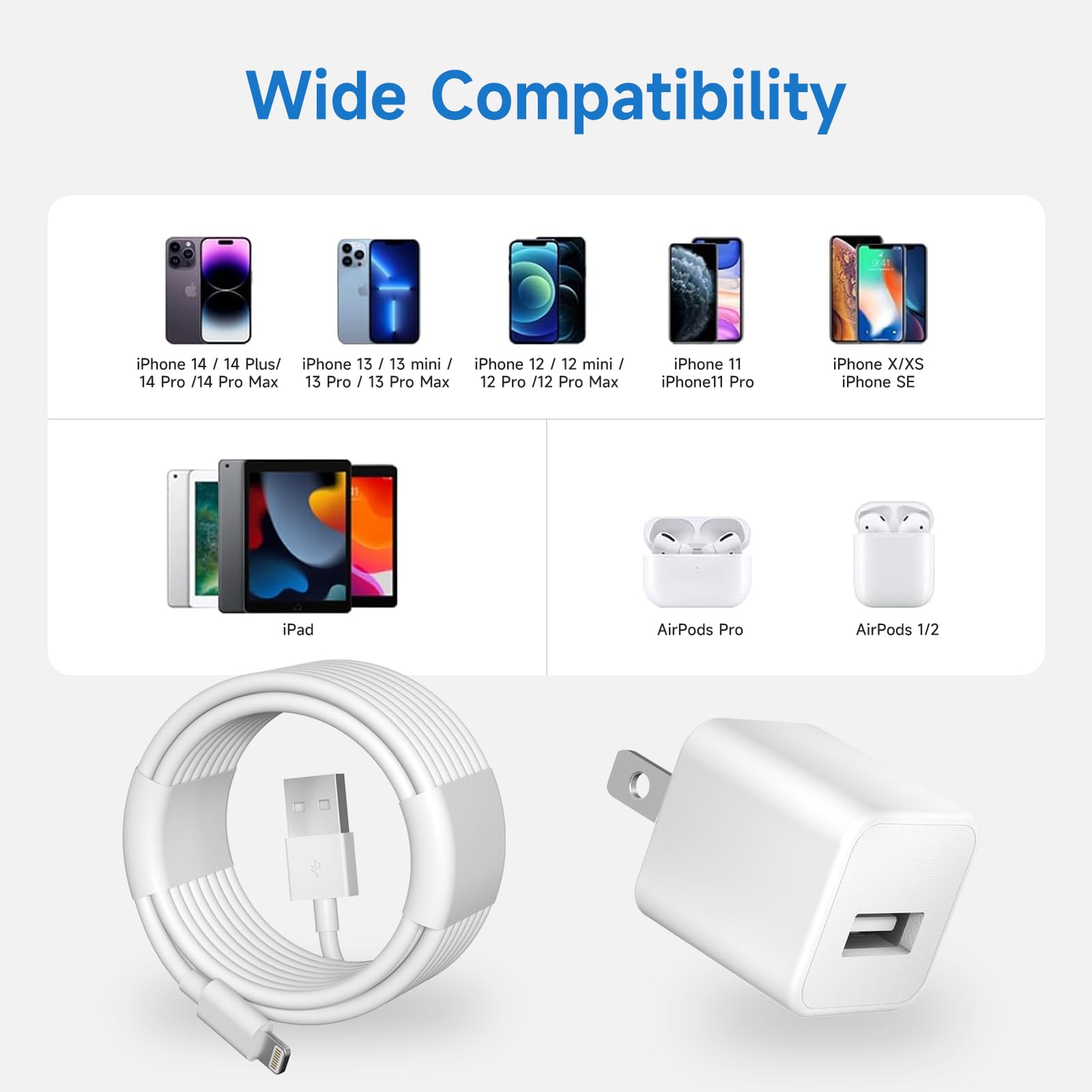 3-Pack MFi Certified iPhone Charger Cable & USB Wall Charger - Fast Charging & Data Sync for iPhone 14 Pro/13 Pro/12/12 Pro Max/11 Pro Max/XS Max/XR/X/8 - Perfect for Travel, Home & Office Use