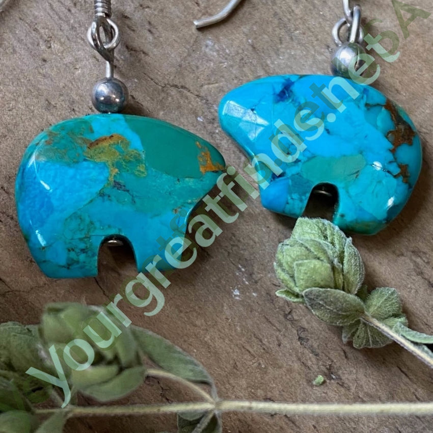Vintage Hand-Carved Turquoise Zuni Bear Earrings in Sterling Silver - Authentic Native American Jewelry for Women, Perfect for Boho & Southwest Style Outfits