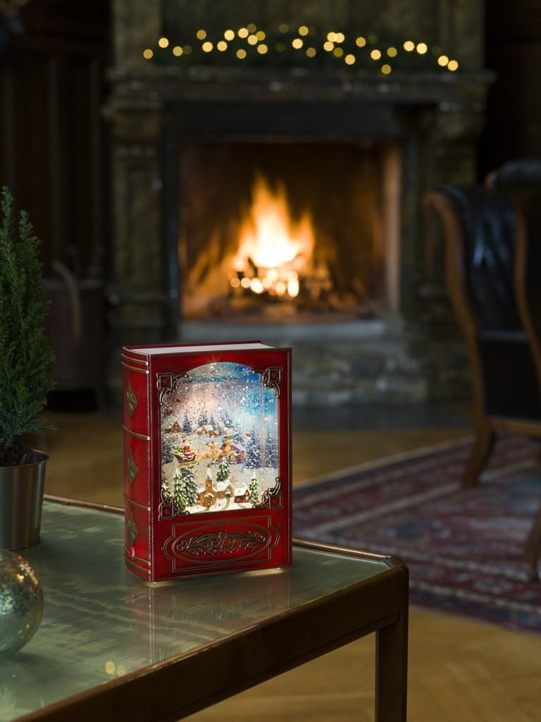 LED Snow Globe Christmas Lantern with Santa Sleigh Decor - Battery Operated Indoor Holiday Decoration with 5-Hour Timer (3xAA Batteries Not Included) - Warm White & Red Lights for Festive Home, Office, or Christmas Tree Decor