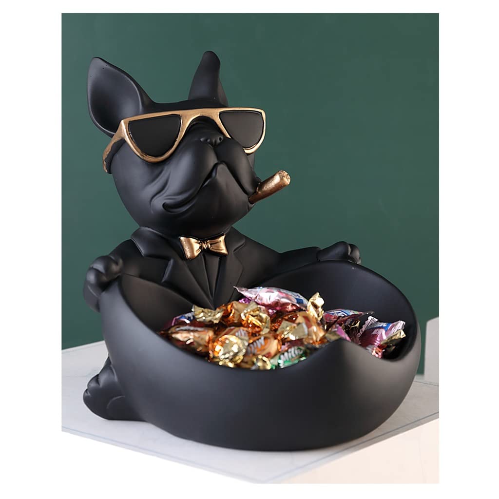 KAMWD Resin Key Bowl - Bulldog Statue Decor for Entryway, Hall Table & Coffee Table | Modern Animal Dog Figurine Storage Box for Keys, Coins & Jewelry | Black Decorative Tray for Home & Office Use