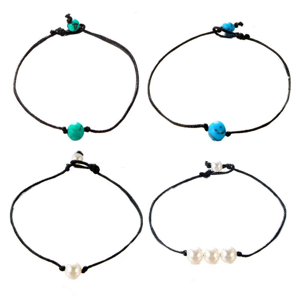 Hand-Woven Blue Pearl & Rose Quartz Anklet Bracelet Set - Turquoise Beaded Rope Leather Ankle Jewelry for Women - Boho Beach Wedding Festival Accessories (Black, One Size)