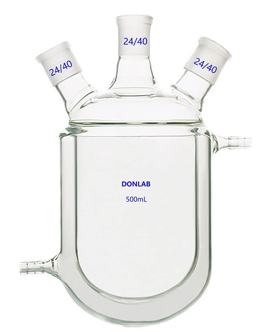 500ml 3-Neck Jacketed Glass Reactor Flask with 24/40 Joints - Double Layer Round Bottom Lab Flask for Chemical Reactions, Distillation & Synthesis - Perfect for Chemistry Labs, Research & Industrial Applications