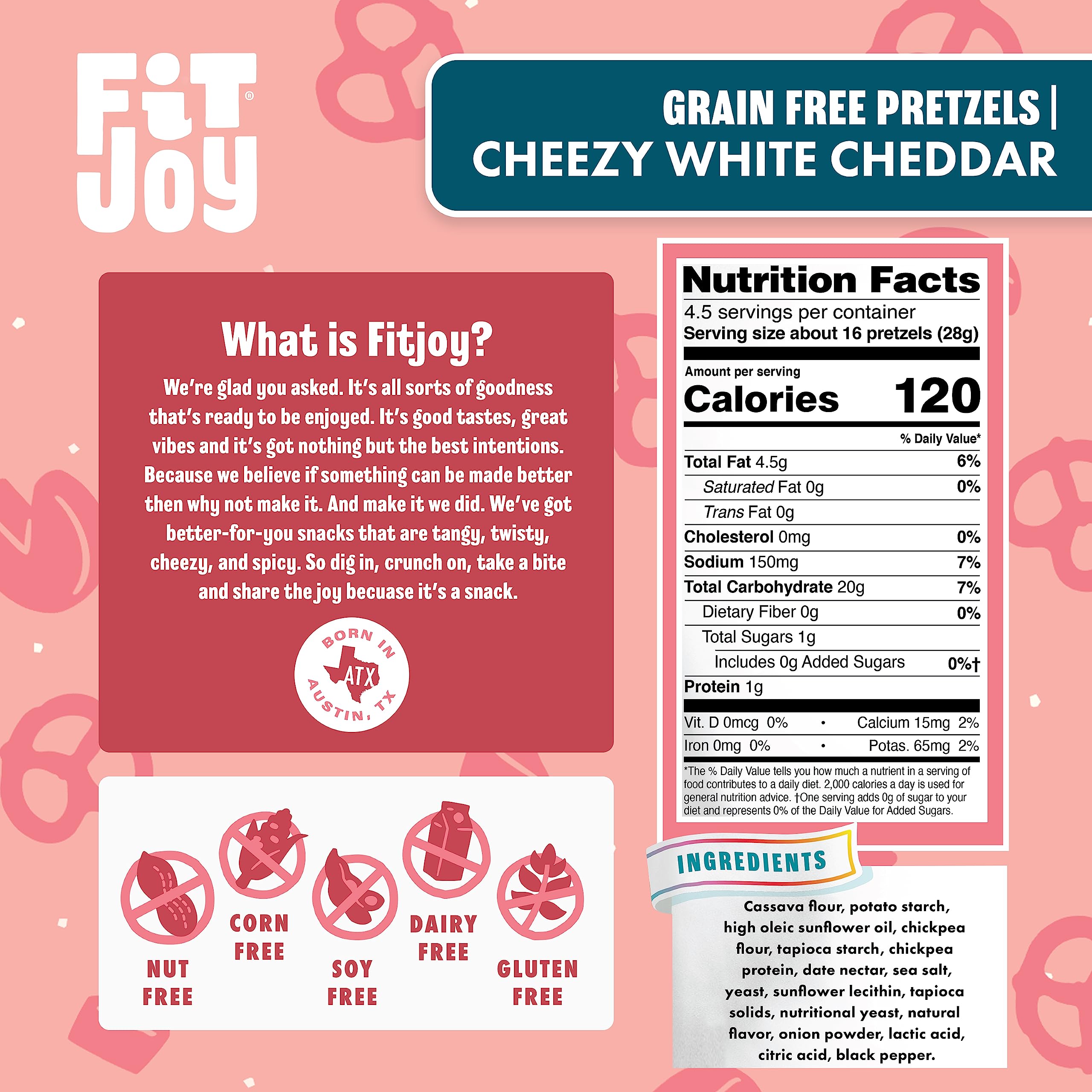 FitJoy Gluten Free Pretzels - White Cheddar Twists, Grain Free, Non-GMO, Vegan Certified Snacks (4.5 Oz, 6 Pack) | Crunchy USA-Made Pretzel Sticks for School Lunches, Movie Nights & Healthy On-the-Go Snacking