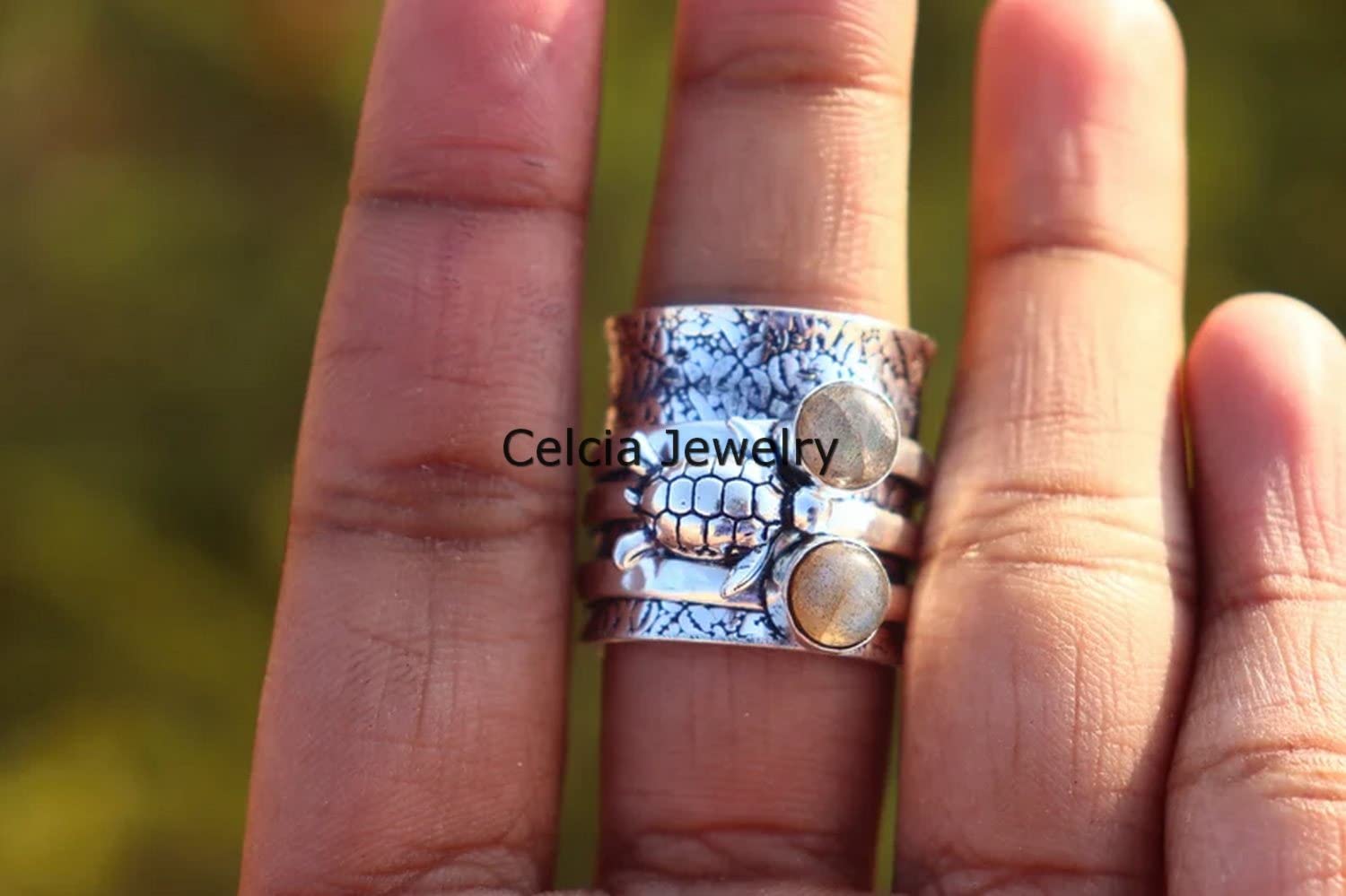 925 Sterling Silver Labradorite Turtle Spinner Ring - Adjustable Fidget Ring for Anxiety Relief, Meditation & Stress Relief - Handmade Gemstone Jewelry for Women & Men (Size 7) - Perfect for Yoga, Mindfulness & Everyday Wear