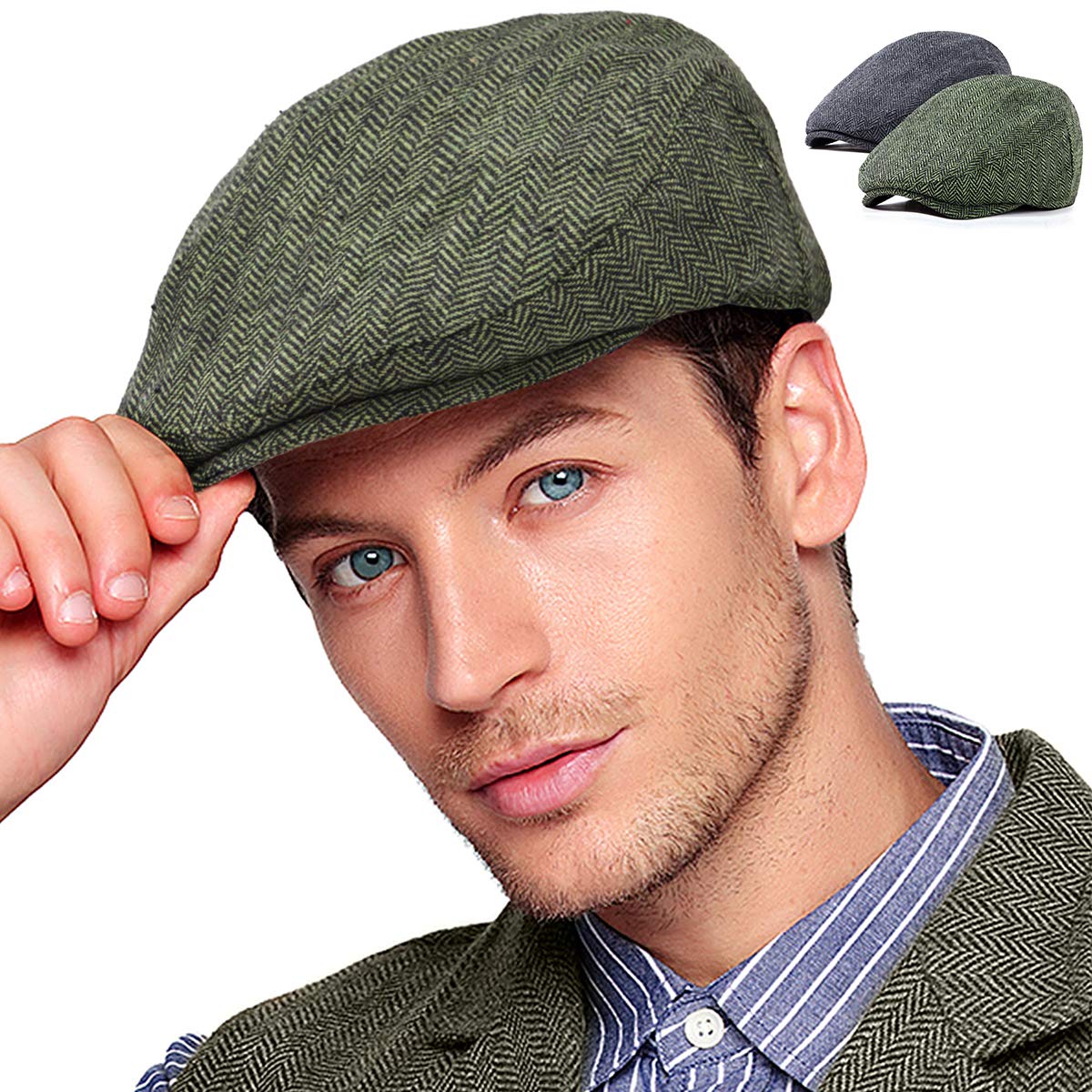 2 Pack Adjustable Newsboy Hats for Men - Wool Blend Tweed Flat Cap | Vintage Irish Cabbie Style | Perfect for Casual Wear, Outdoor Activities & Costume Parties