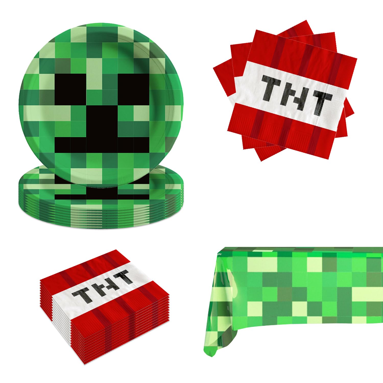 41-Piece Pixel Party Supplies Set - 20 Plates, 20 Napkins & 1 Tablecloth for Minecraft Birthday Party Decorations | Perfect for Pixel-Themed Parties, Gaming Events & Kids Celebrations