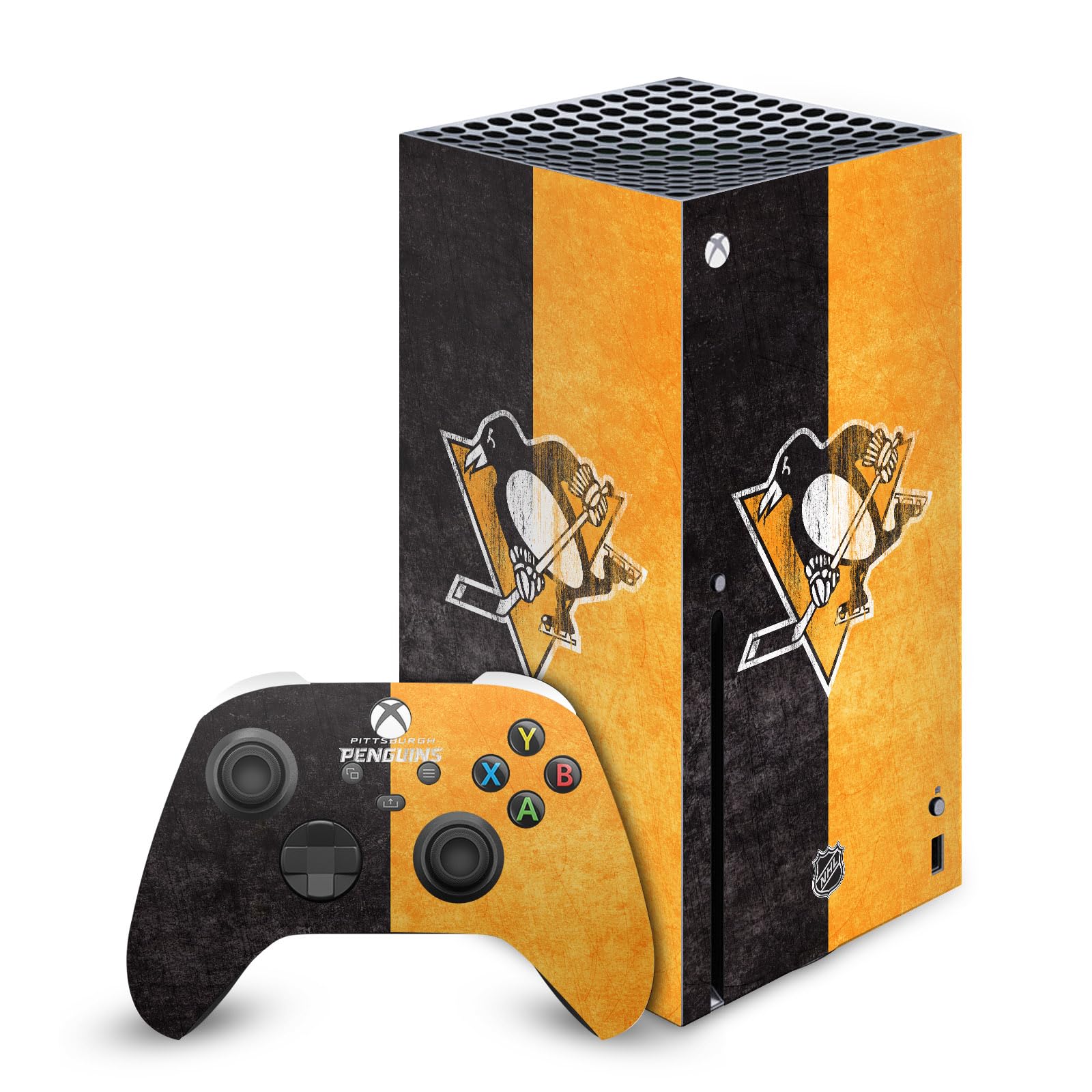 Official NHL Licensed Pittsburgh Penguins Distressed Vinyl Skin Sticker Bundle - Compatible with Xbox Series X Console & Controller - Perfect for Gaming Setups & Fan Collections