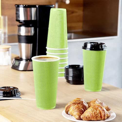 20oz Insulated Double Wall Coffee Cups with Ribbed Grip - 250 Pack Eco-Friendly Corrugated Paper Cups | Leakproof Design for Coffee Shops, Offices & Catering Events | Lids Sold Separately (Green)