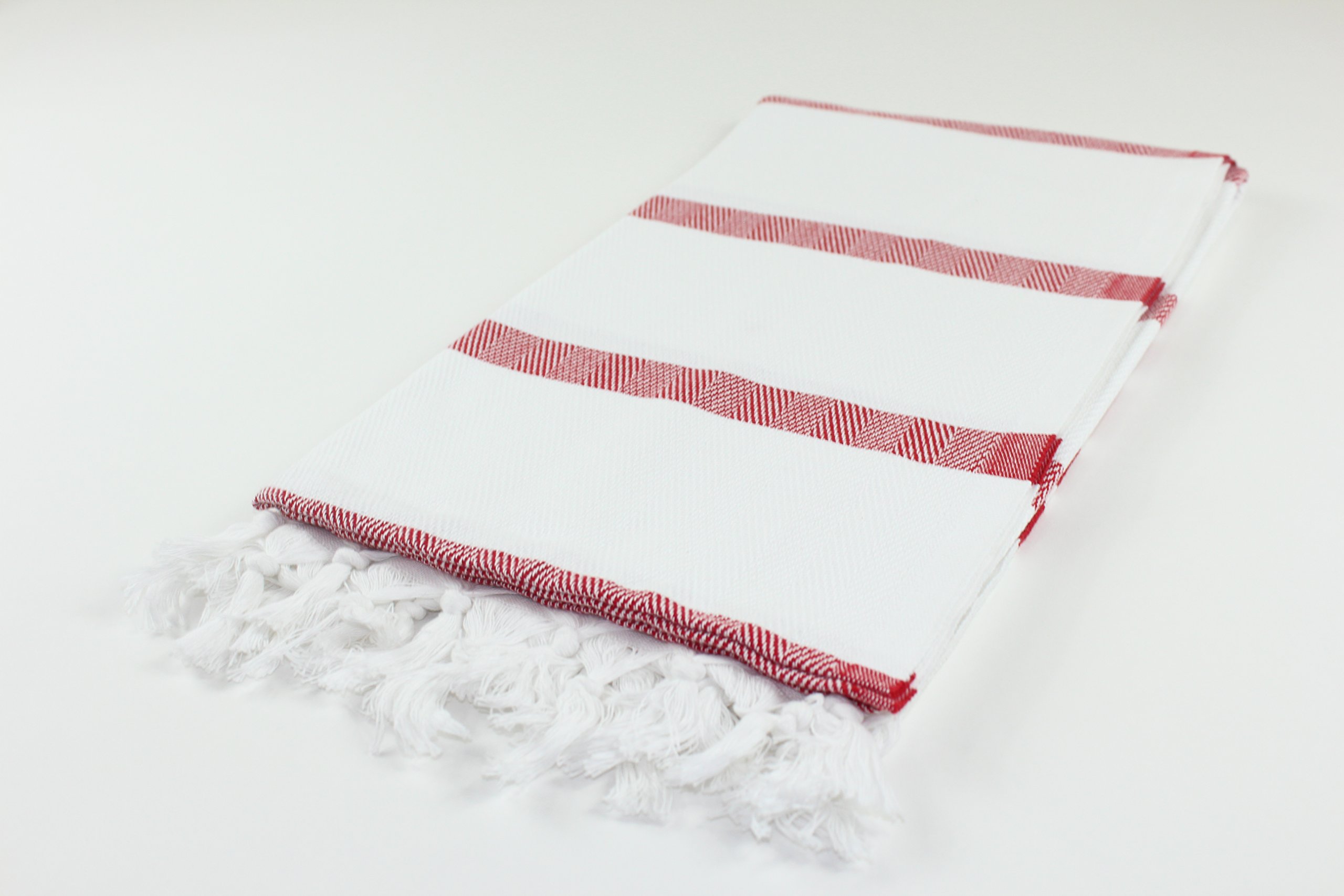 Premium Herringbone Turkish Towel Peshtemal - 100% Authentic Turkish Cotton for Bath, Beach, Pool & Spa - White & Red - Perfect for Travel, Yoga & Hammam