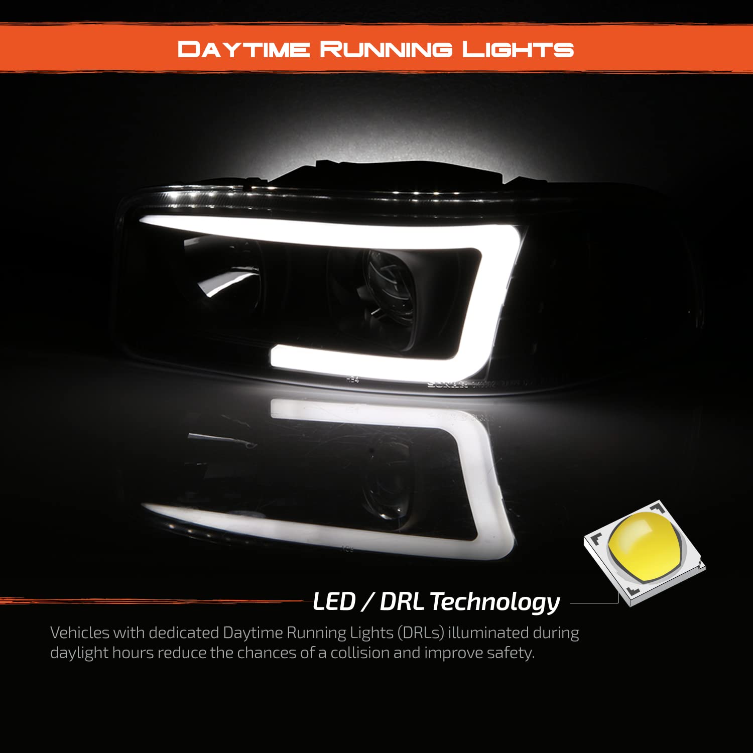 AKKON LED Tube DRL Projector Headlights & Bumper Lights Housing Set for 1999-2006 GMC Sierra Yukon XL Denali - Upgrade Your Truck's Style & Visibility for Night Driving & Off-Road Adventures