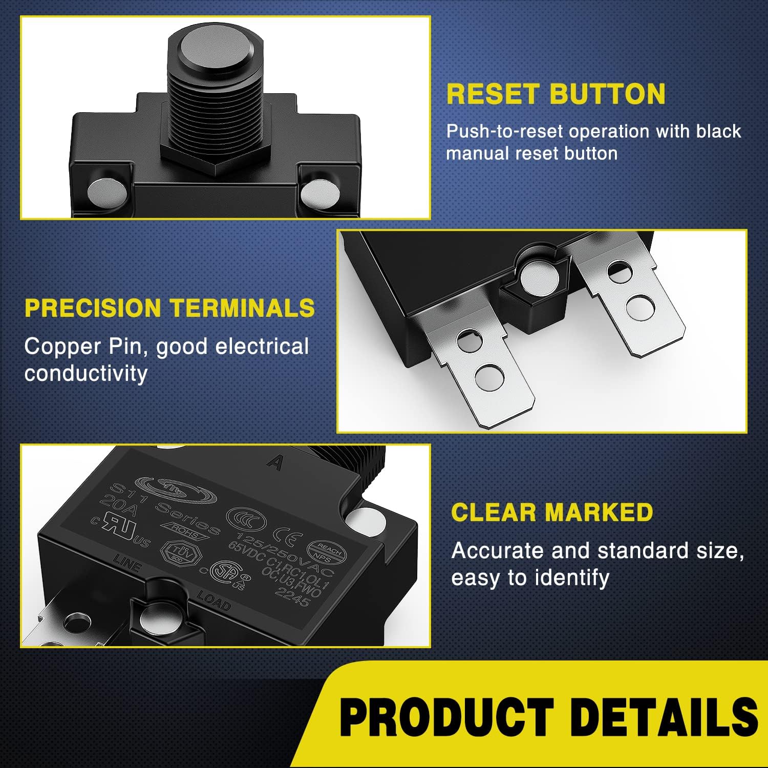 5Pcs 20Amp Circuit Breaker Terminals - Heavy Duty Electrical Connectors for Automotive, Marine & Solar Power Systems