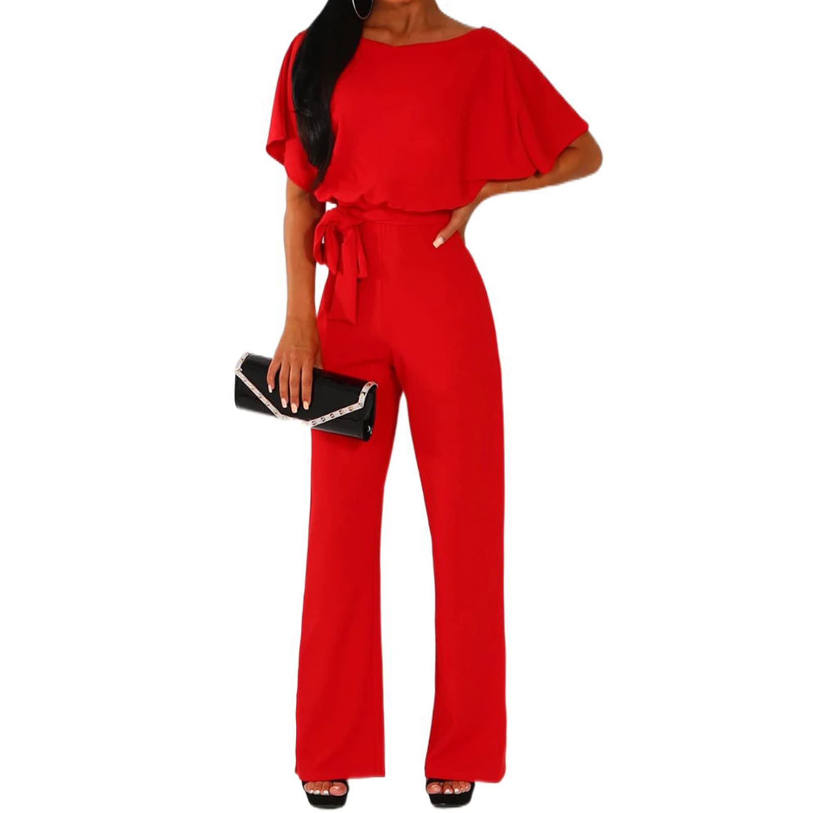 Elegant Women's Summer Wide Leg Jumpsuit with Ruffle Short Sleeves & Belt - High Waist Romper Overalls for Beach, Vacation & Casual Outings