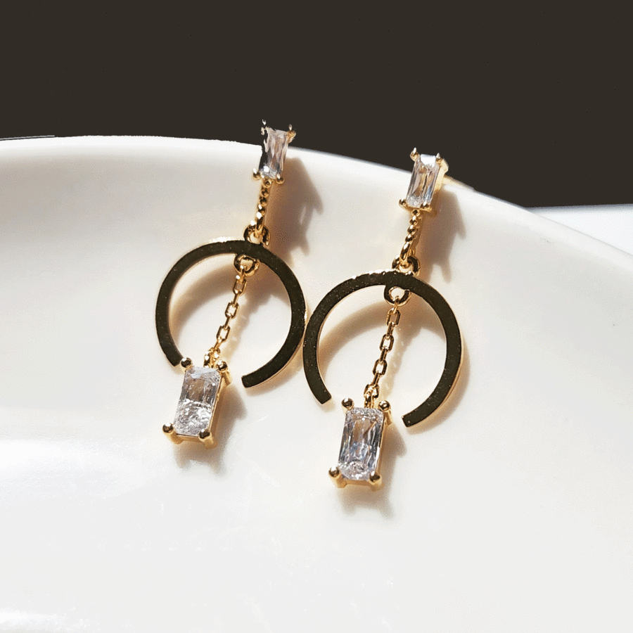 925 Sterling Silver Square Cubic Zirconia Half Moon Drop Earrings for Women - Elegant Dangle Earrings for Party, Wedding & Everyday Wear