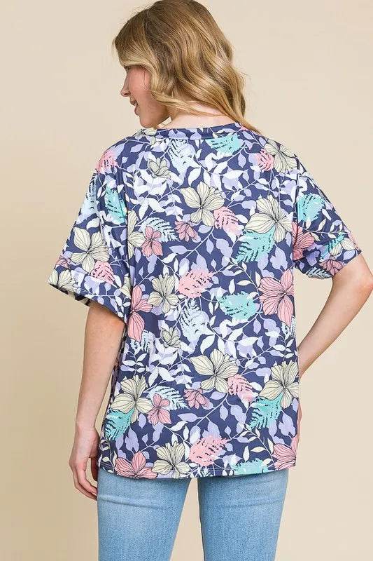 BOMBOM Women's Floral Print Round Neck Short Sleeve T-Shirt - Casual Summer Top for Outing, Beach, and Daily Wear