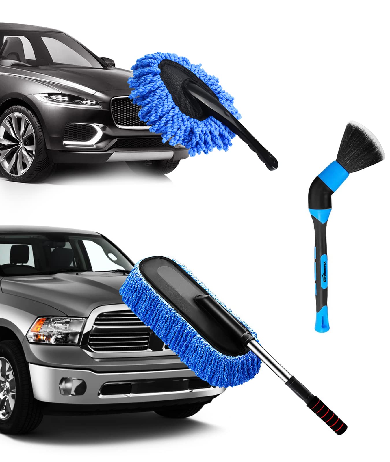 3 Pack Car Duster Kit - Extendable Microfiber Dust Brush, Scratch-Free Dash Duster & Soft Interior Brush for Car, Motorcycle & Home Cleaning - Perfect for Vehicle Detailing & Household Maintenance