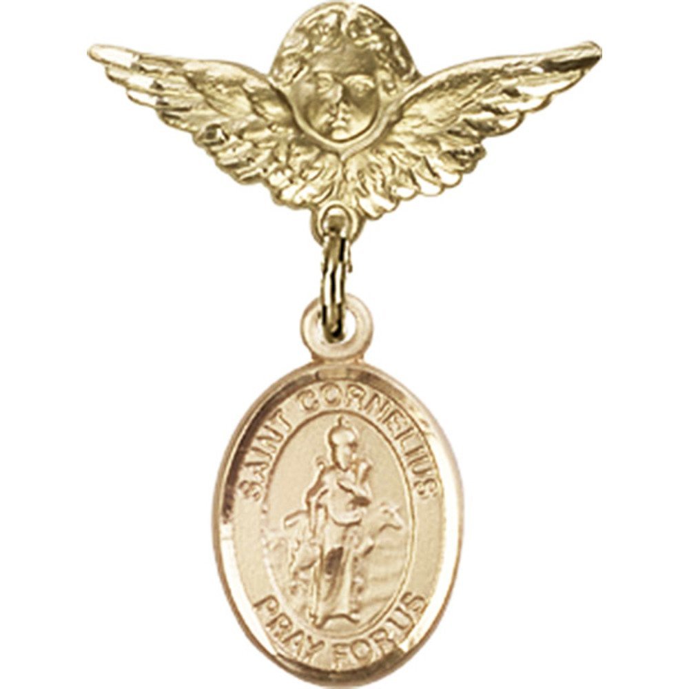 Gold Filled St. Cornelius & Angel Wing Charm Baby Badge Pin - 1 x 3/4 Inch Religious Jewelry for Baptism, Christening & First Communion Gifts