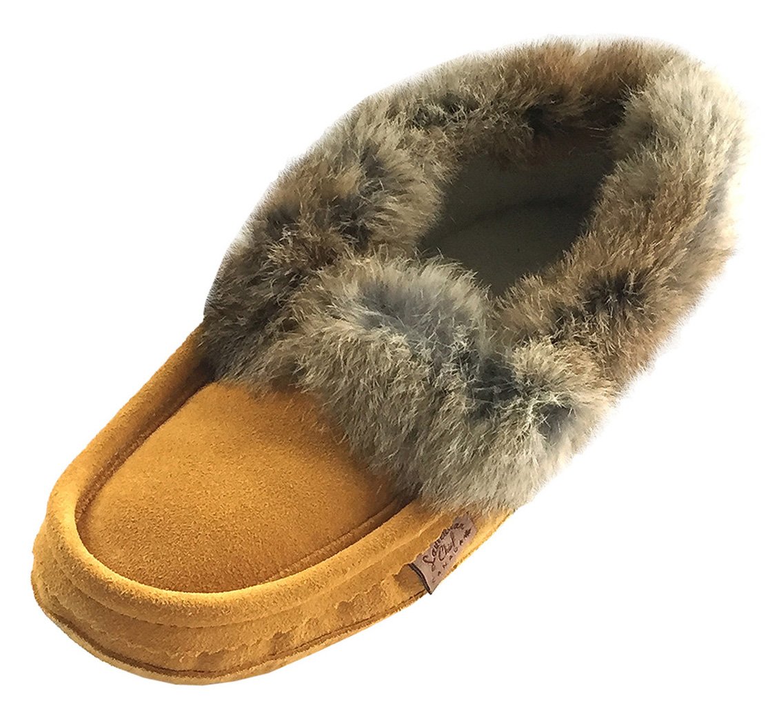 Laurentian Chief Men's Suede Moccasin Slippers with Rabbit Fur Collar - Soft Sole Indoor/Outdoor House Shoes for Winter Comfort & Warmth