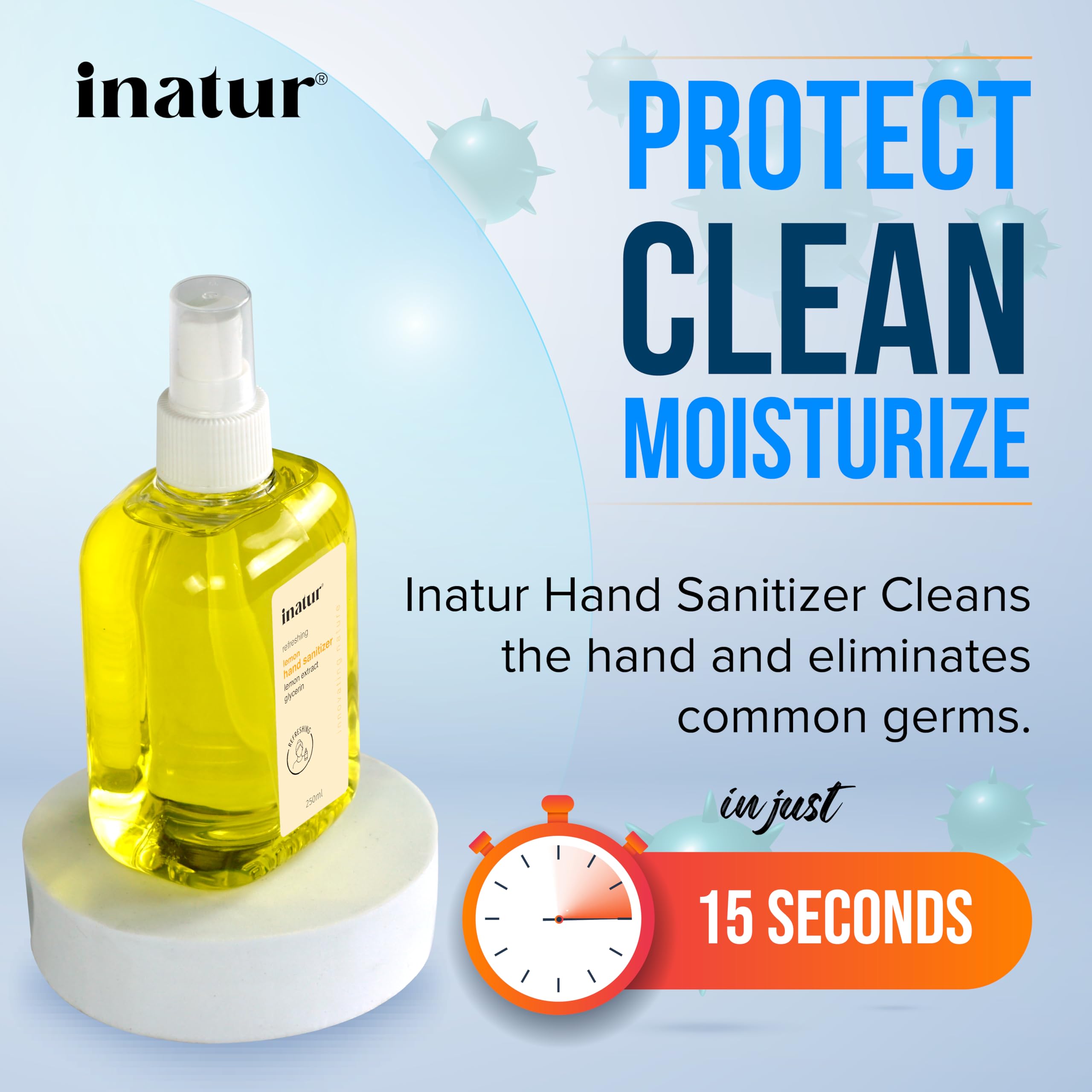 inatur Alcohol-Based Hand Sanitizer Spray - Kills 99.9% Germs, Antibacterial Disinfectant Gel - Gentle on Skin & Safe for Surfaces - 250ml for Daily Hygiene - Perfect for Travel, Office, School & Home Use