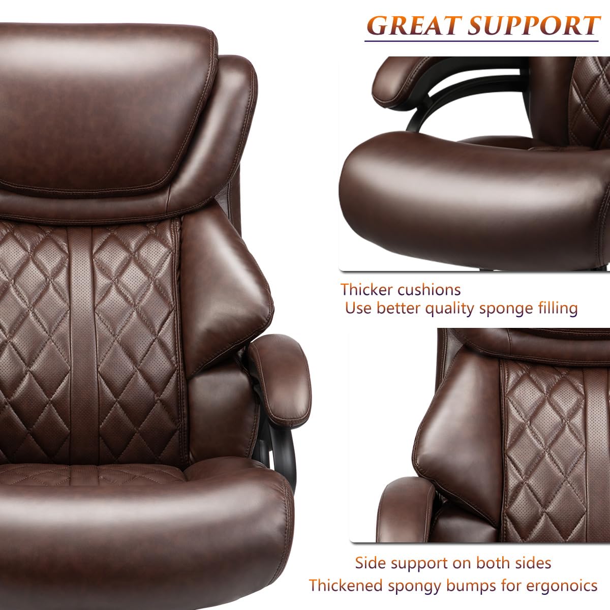 500lbs Heavy Duty Big and Tall Office Chair - Wide Spring Seat Executive Desk Chair with 360° Swivel & Reinforced Casters - Ergonomic Support for Home Office, Gaming, or Commercial Workspaces (Brown)