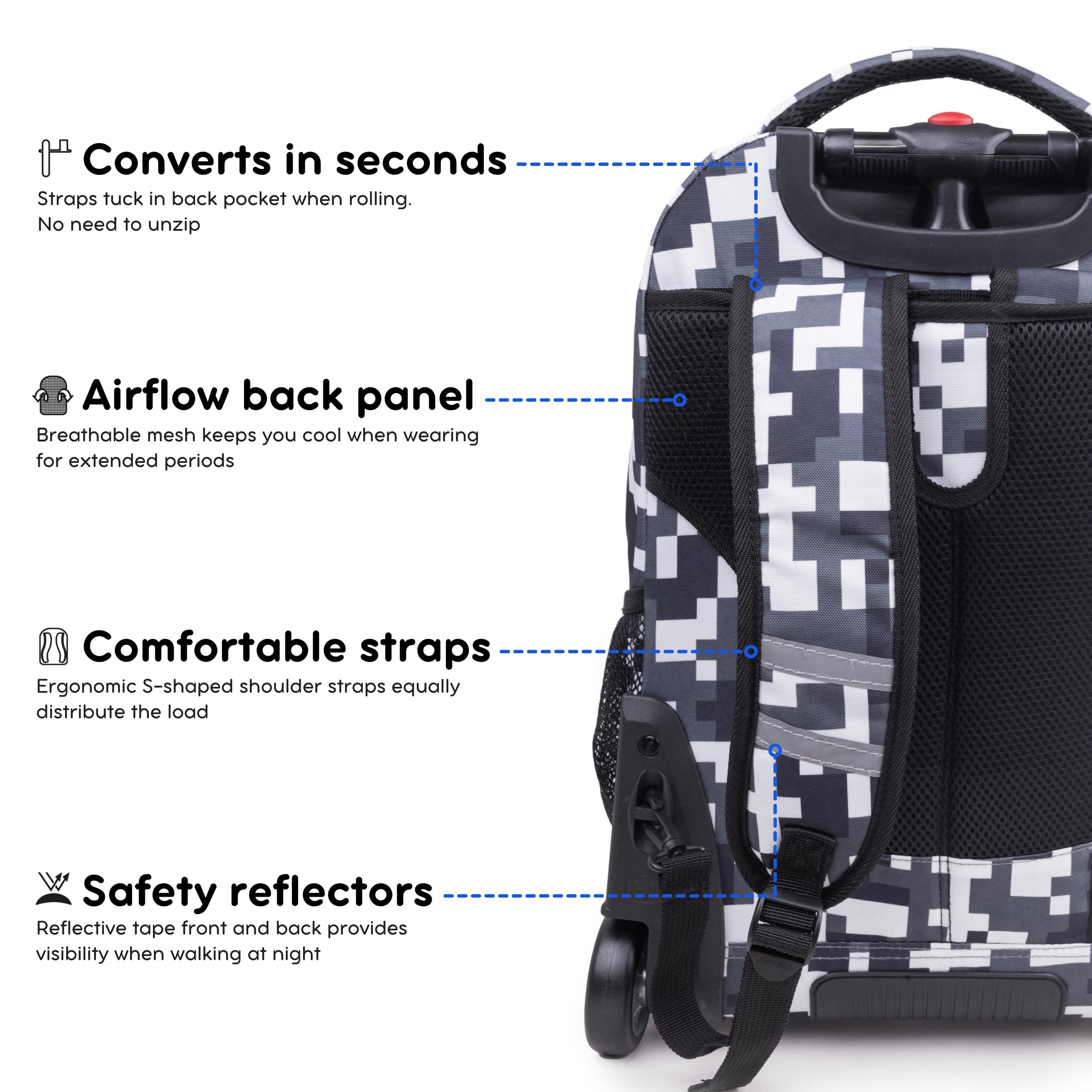 J World New York Sundance Rolling Backpack for Kids - 20 Inch Wheeled School Bookbag with Durable Wheels & Adjustable Handle - Perfect for School, Travel & Daily Use (Camo Design)