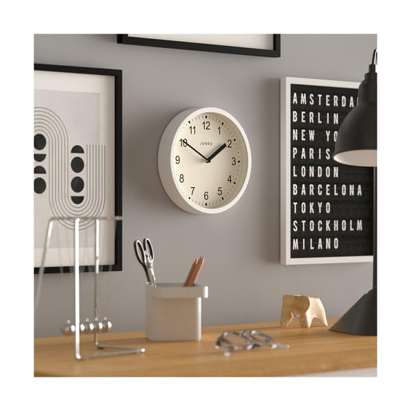 JONES CLOCKS® The Spin - 8 Inch Round Wall Clock for Kitchen, Living Room & Office | Modern White Decorative Home Accessories | Perfect for Home Decor, Gifts & Interior Design