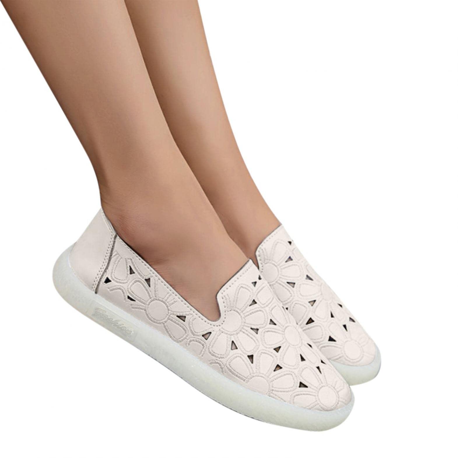 Women's Comfort Loafers - Slip On Floral Cutout Flats with Arch Support, Round Toe & Breathable Design | Soft Leather Walking Shoes for Work, Travel & Casual Outfits