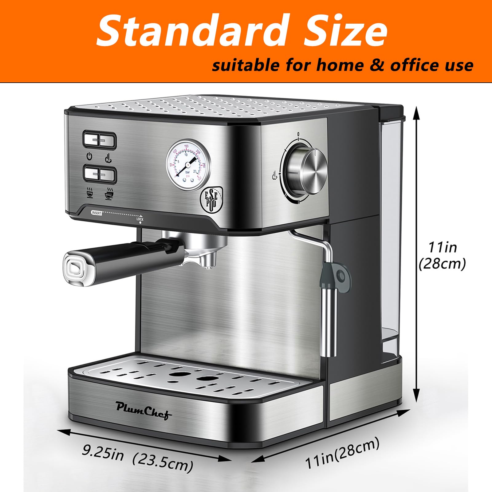 PlumChef 20 Bar Professional Espresso Machine with Milk Frother - Compact Home Coffee Maker, 54oz Water Tank, Pressure Gauge & Steam Wand - Quiet & Fast for Cappuccino, Latte - Perfect for Home Baristas & Coffee Lovers