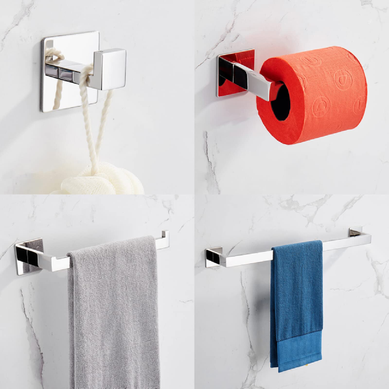 4-Piece Bathroom Accessories Set - Silver Towel Bar, Robe Hook & Toilet Paper Holder - Rustproof 304 Stainless Steel with Strong Adhesive (No Drilling Required) - Perfect for Modern Bathrooms, Apartments & Dorm Rooms