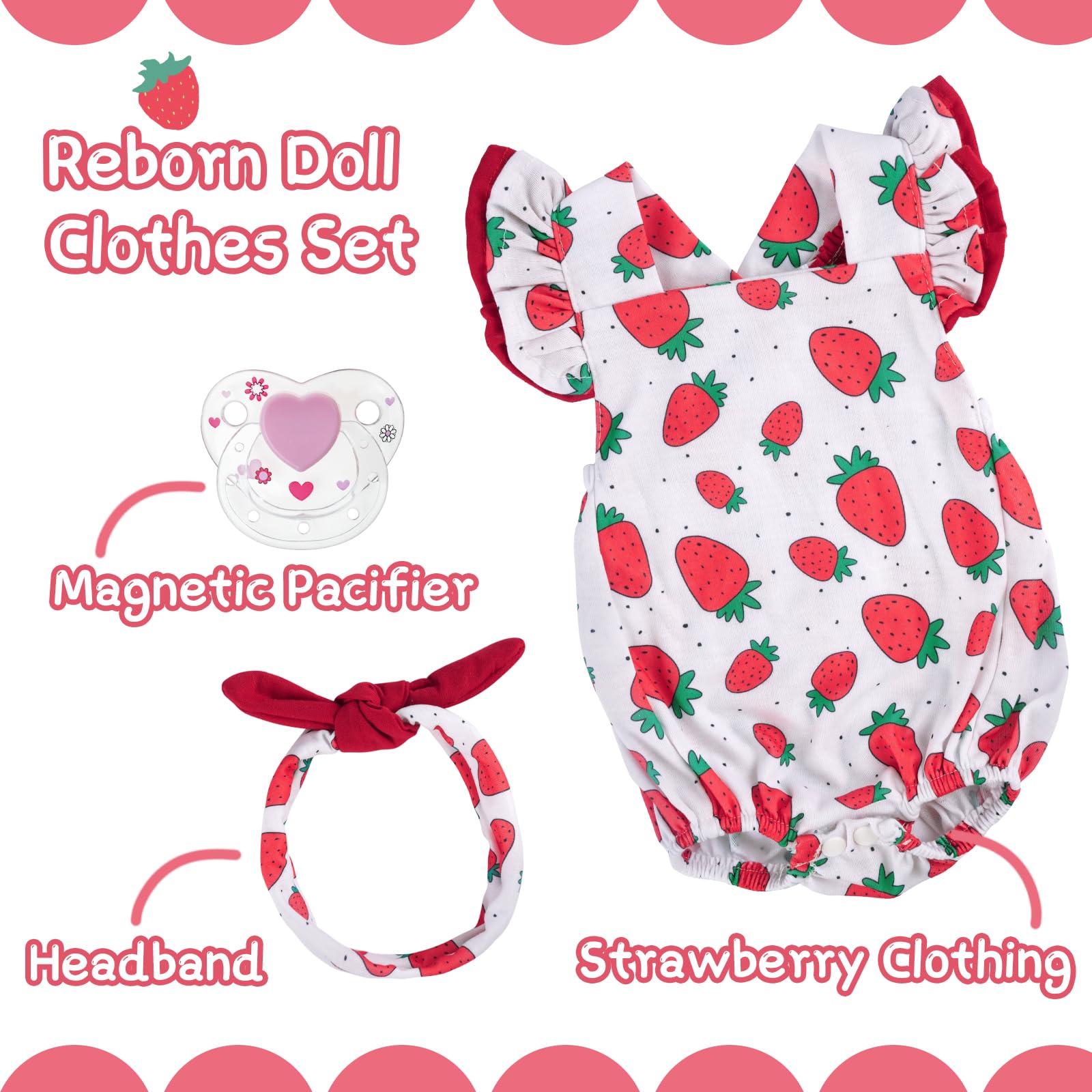 JIZHI Reborn Baby Doll Clothes for 17-22 Inch Dolls - Strawberry Outfit Set with Pacifier for Newborn Girl Dolls | Perfect for Collectors, Gift Giving & Role Play