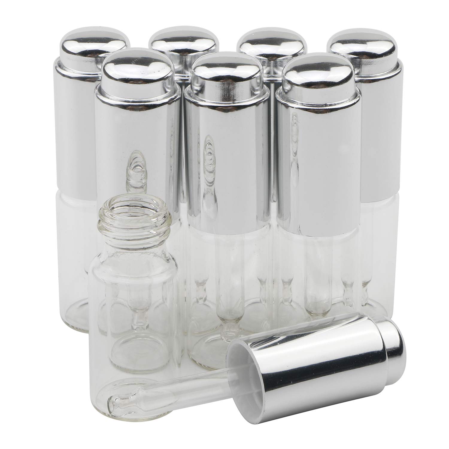 Ellbest 8Pcs 10ml Clear Press Dropper Bottles with Silver Cap - Empty Refillable Essential Oil Vials, Perfume & Cosmetic Containers for DIY, Travel, Aromatherapy & Beauty Storage