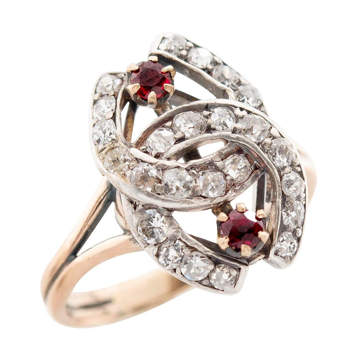 Victorian Style 14k Gold & Sterling Silver Diamond Ruby Double Horseshoe Ring - Elegant Jewelry for Women, Perfect for Weddings, Anniversaries & Special Occasions