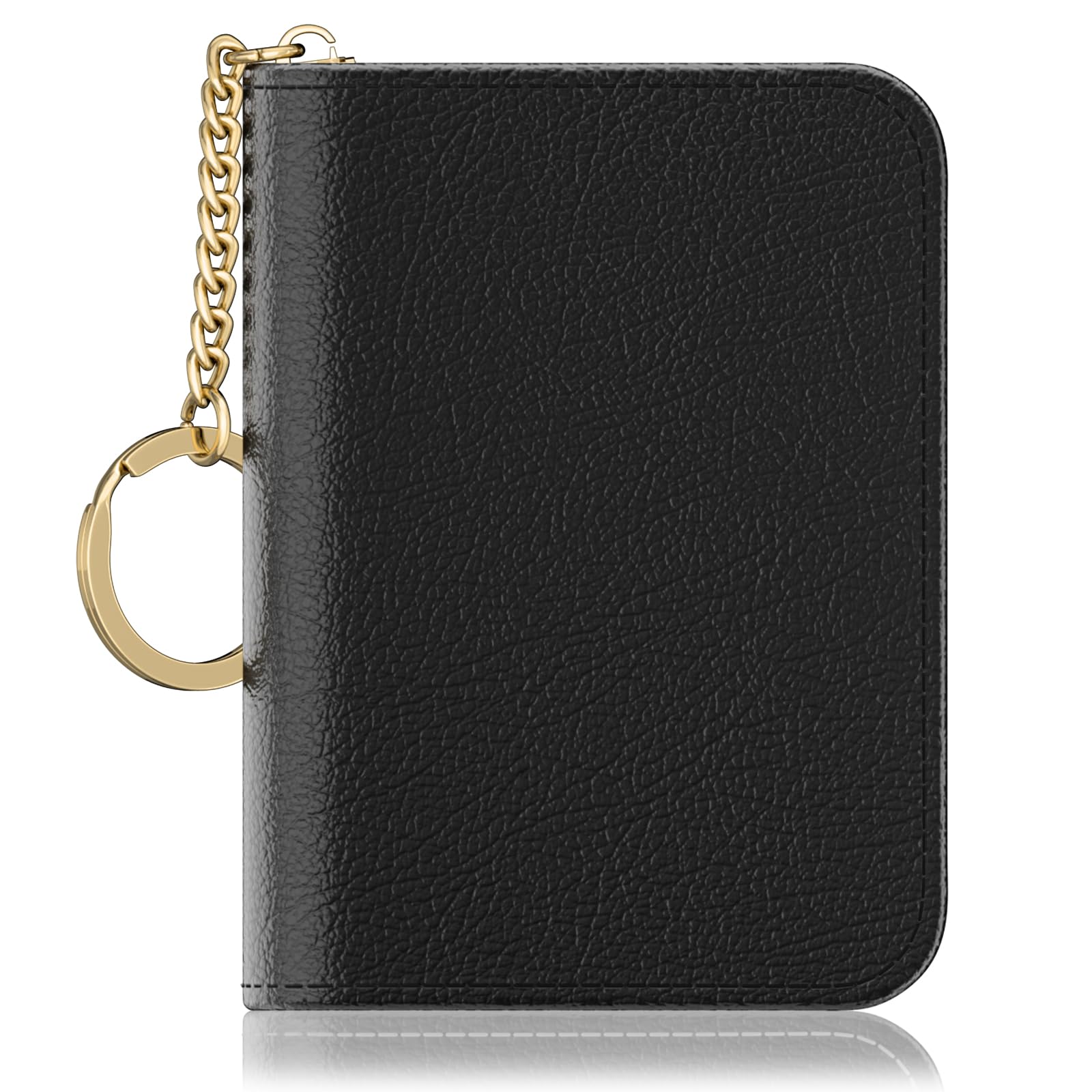 RFID Blocking Credit Card Holder - Slim Leather Wallet with Keychain & Zipper - Women's Minimalist Card Case (Black) - Perfect for Travel, Work & Everyday Use