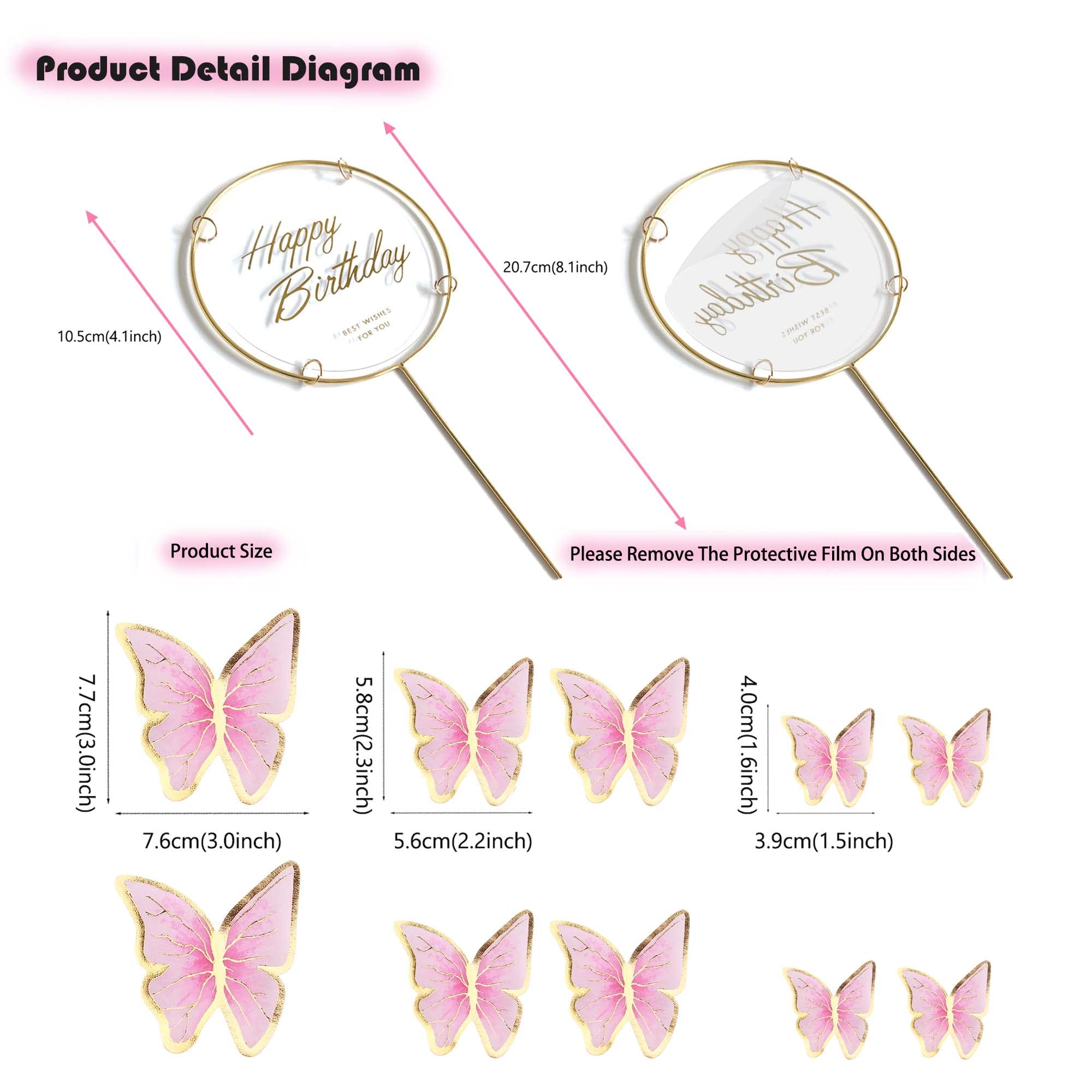 11-Piece Pink Gold Butterfly Cake Toppers Set - Happy Birthday Metal Cake Decorations for Women, Girls, Bridal Shower, Baby Shower & Wedding Party Decor