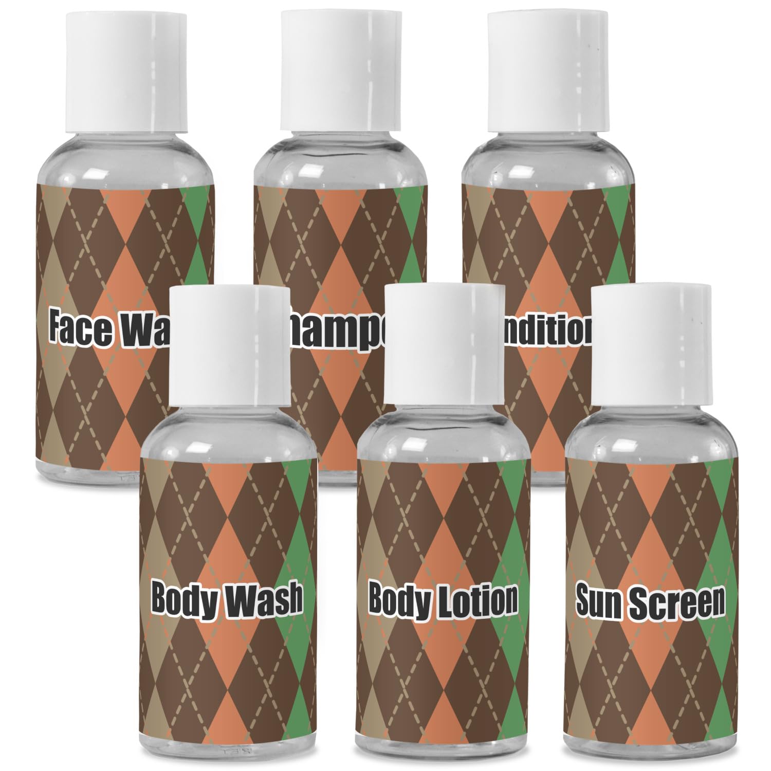 Personalized Brown Argyle Travel Bottles Set - Leak Proof & TSA Approved for Toiletries, Shampoo, Conditioner - Perfect for Air Travel, Gym, Camping & Outdoor Adventures