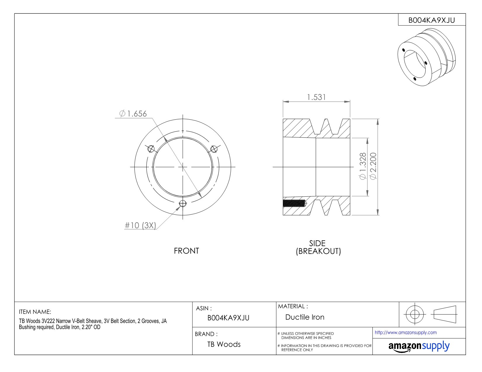 3V1902 Narrow V-Belt Sheave - 3V Belt Section, 2 Grooves, Cast Iron Pulley (19.00