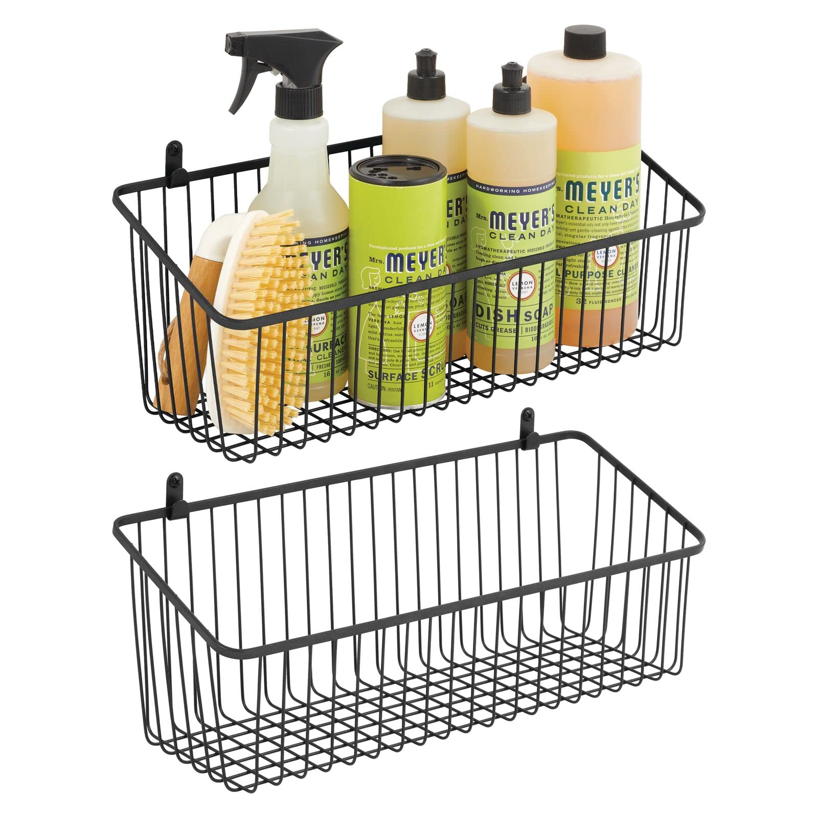 mDesign Small Metal Wire Wall Mounted Storage Organizer Basket Bin - 2 Pack Black for Kitchen, Garage, Entryway, Mudroom, Bedroom, Bathroom & Laundry Room - Perfect for Organizing Utensils, Towels, Toys & Cleaning Supplies