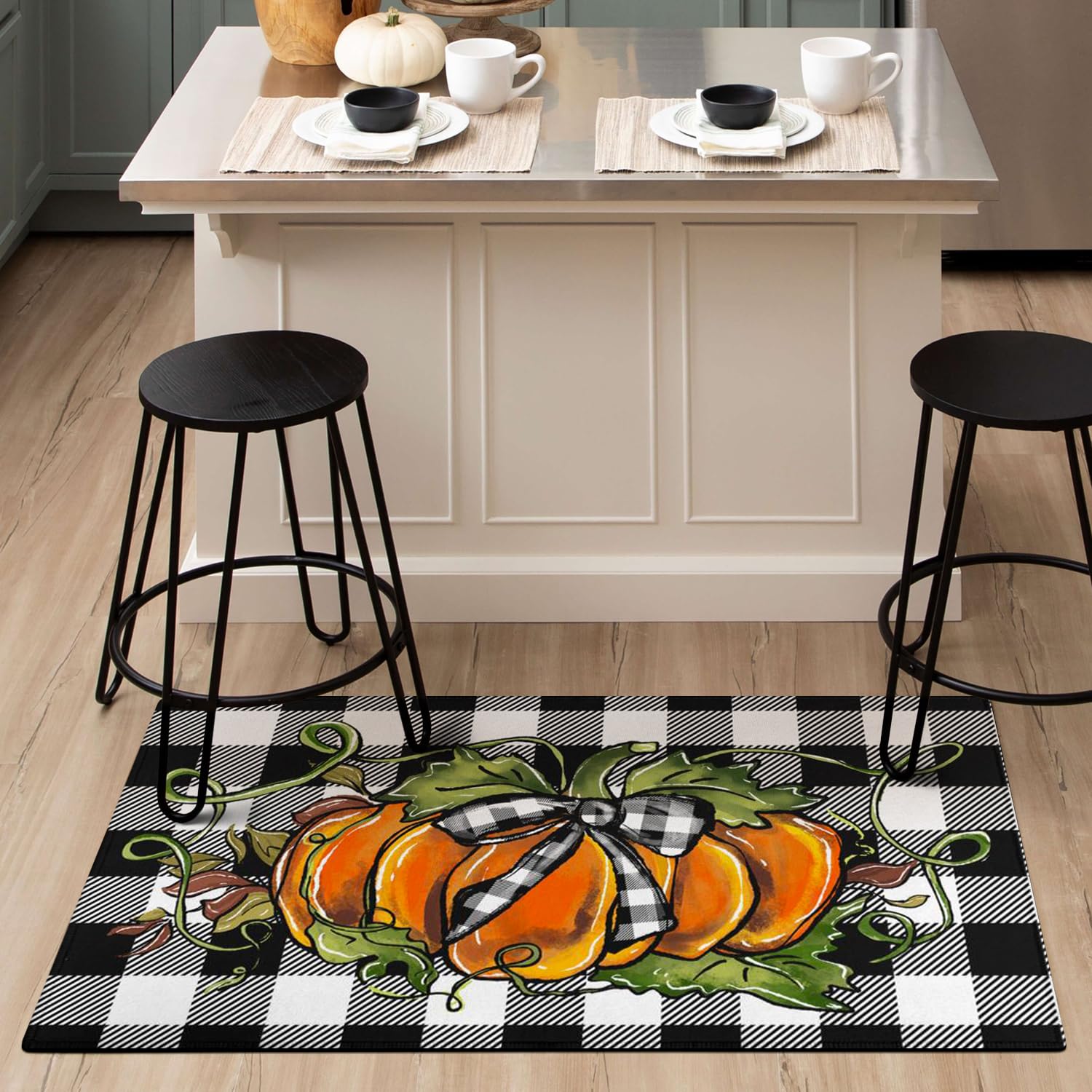 Faptoena Fall Pumpkin Kitchen Rugs Set of 2 - Non-Slip Washable Buffalo Plaid Thanksgiving Mats for Farmhouse Decor (17x47 + 17x30) - Perfect for Autumn Kitchen Flooring and Cozy Home Decorations