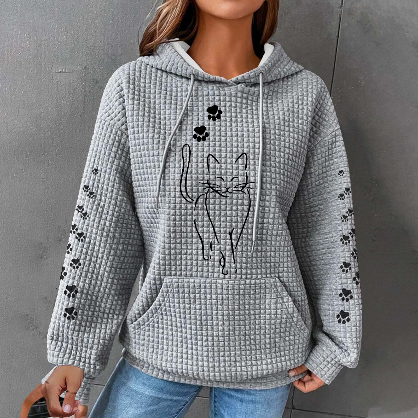 2024 Trendy Oversized Waffle Knit Hoodies for Women - Cute Cat Graphic Long Sleeve Drawstring Sweatshirt | Casual Pullover Top for Fall, Winter & Streetwear Fashion