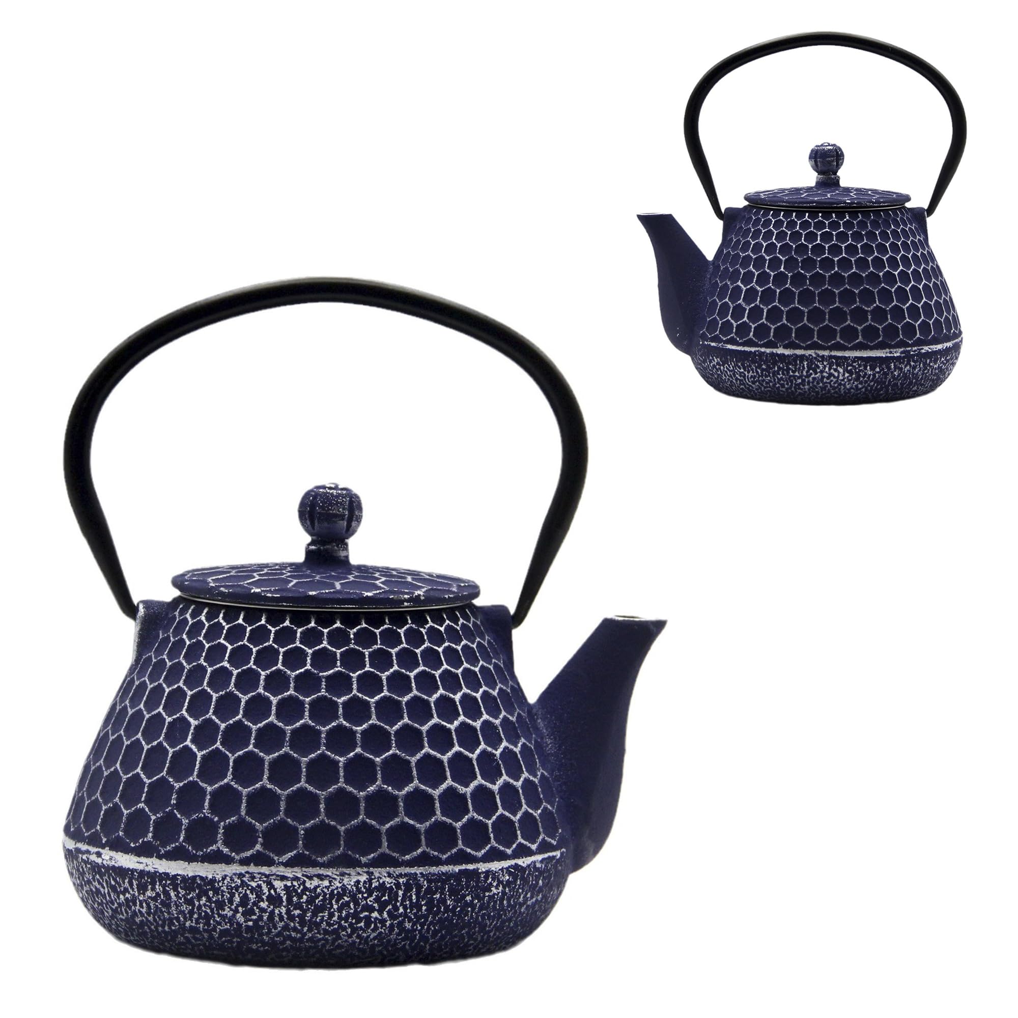 20.3oz Enameled Cast Iron Teapot with Stainless Steel Infuser - Stovetop Safe Japanese Tetsubin Tea Kettle for Loose Leaf Tea, Blue Honeycomb Pattern - Perfect for Home, Office & Tea Ceremonies